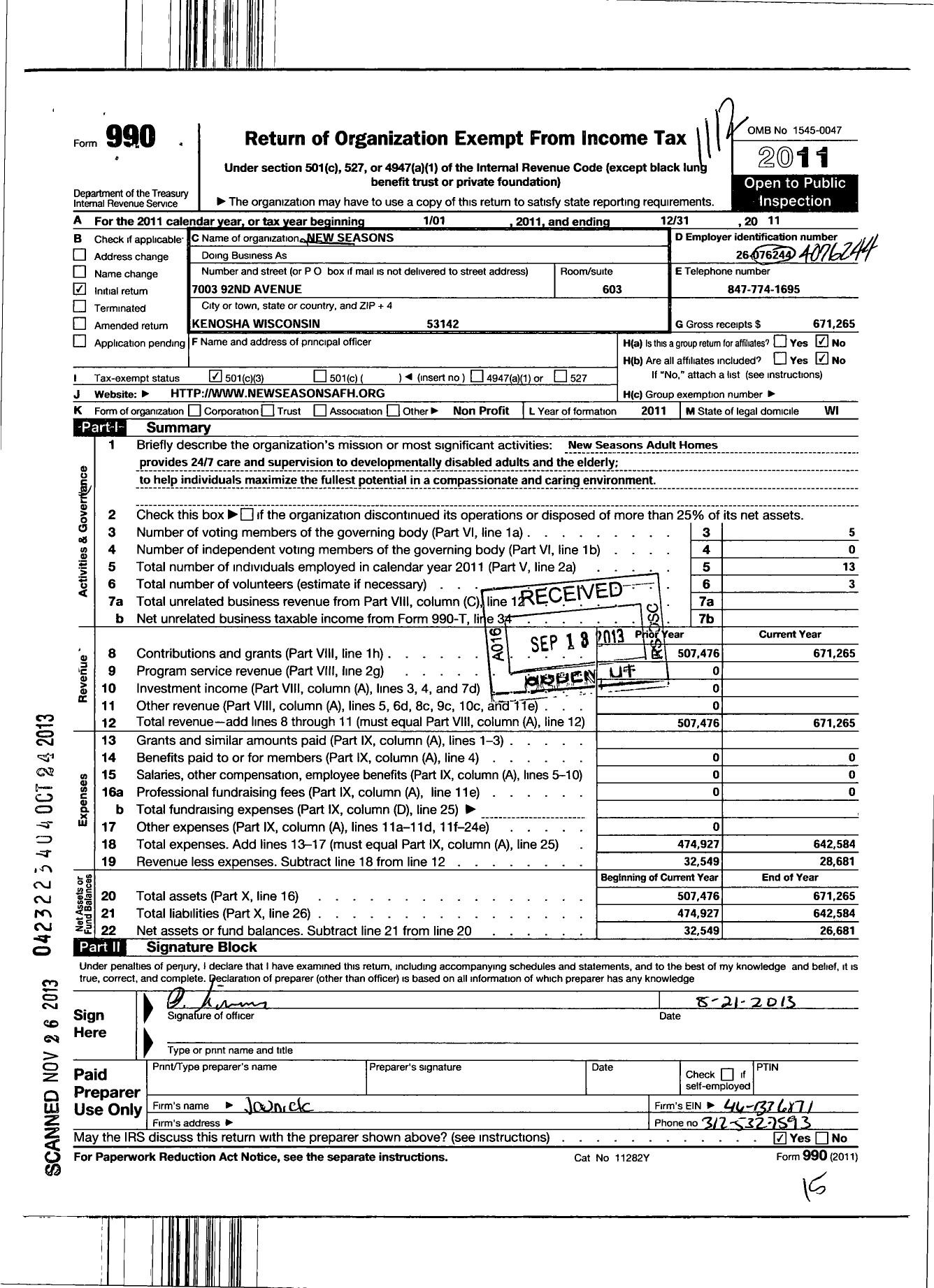 Image of first page of 2011 Form 990 for New Seasons