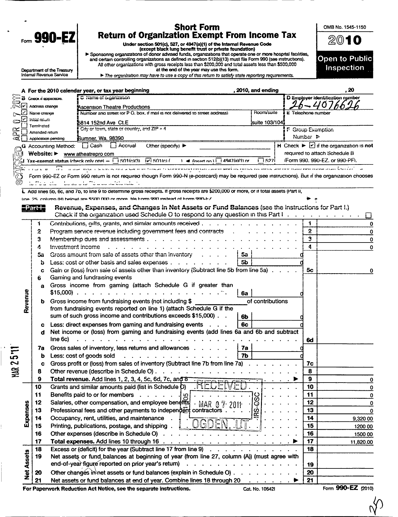 Image of first page of 2010 Form 990EO for Ascension Production