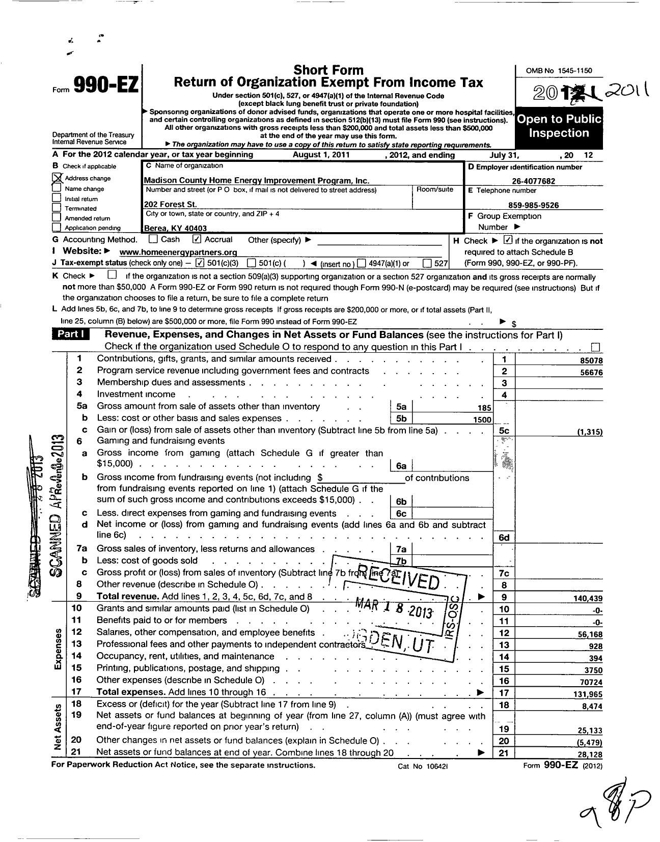 Image of first page of 2011 Form 990EZ for Madison County Home Energy Improvement Program Incorporated