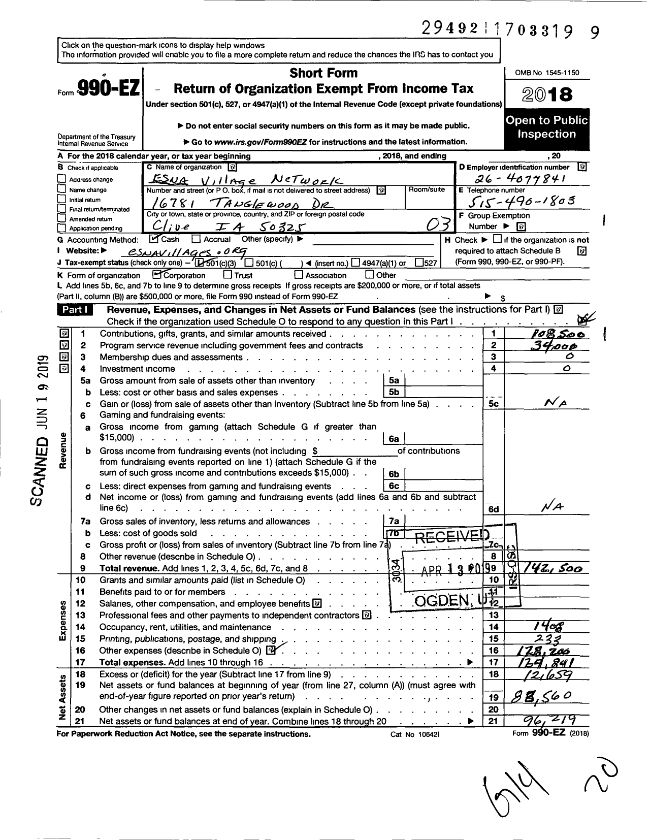 Image of first page of 2018 Form 990EZ for Esna Village Network