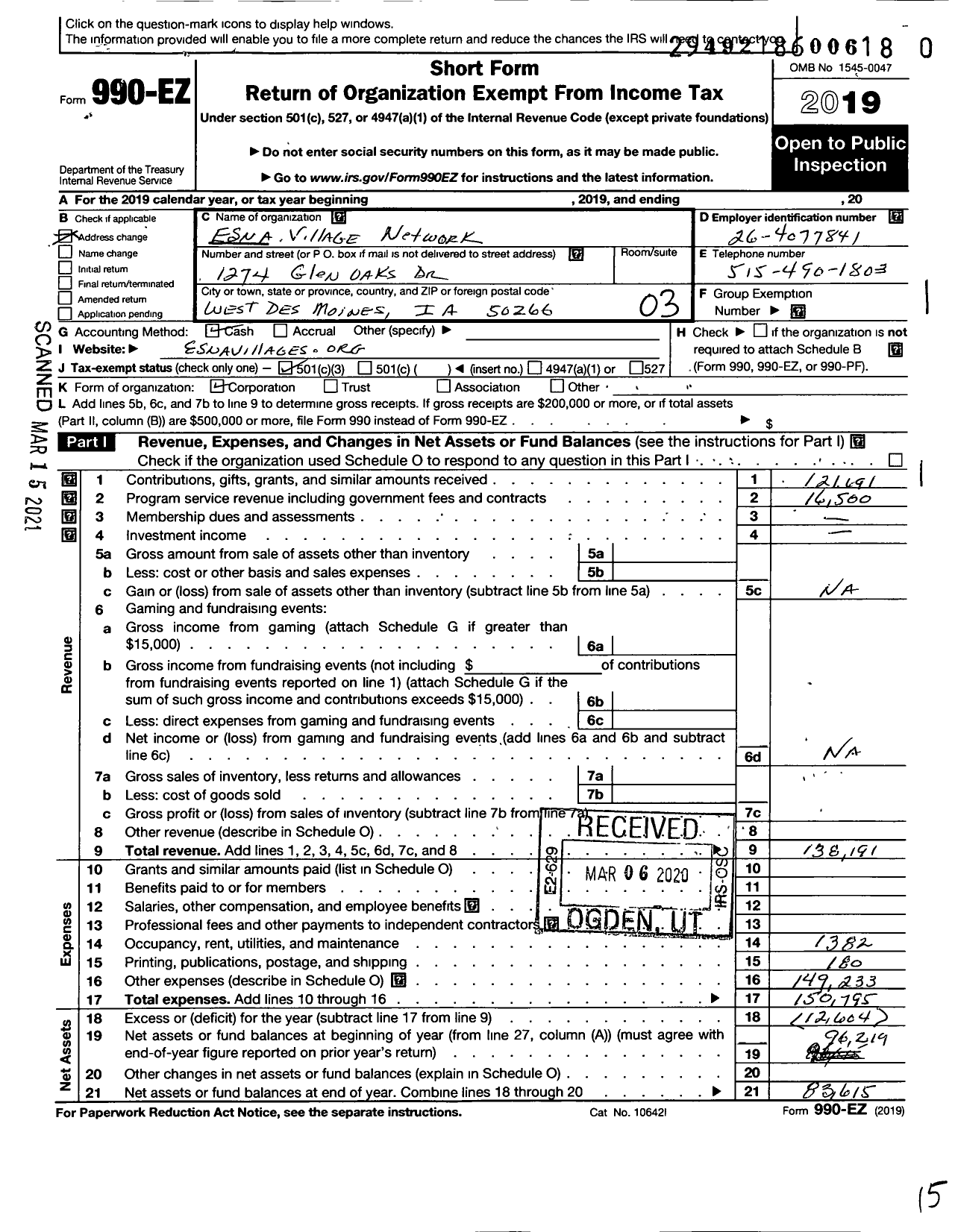 Image of first page of 2019 Form 990EZ for Esna Village Network