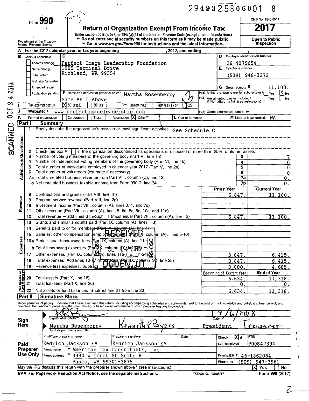 Image of first page of 2017 Form 990 for Perfect Image Leadership Foundation