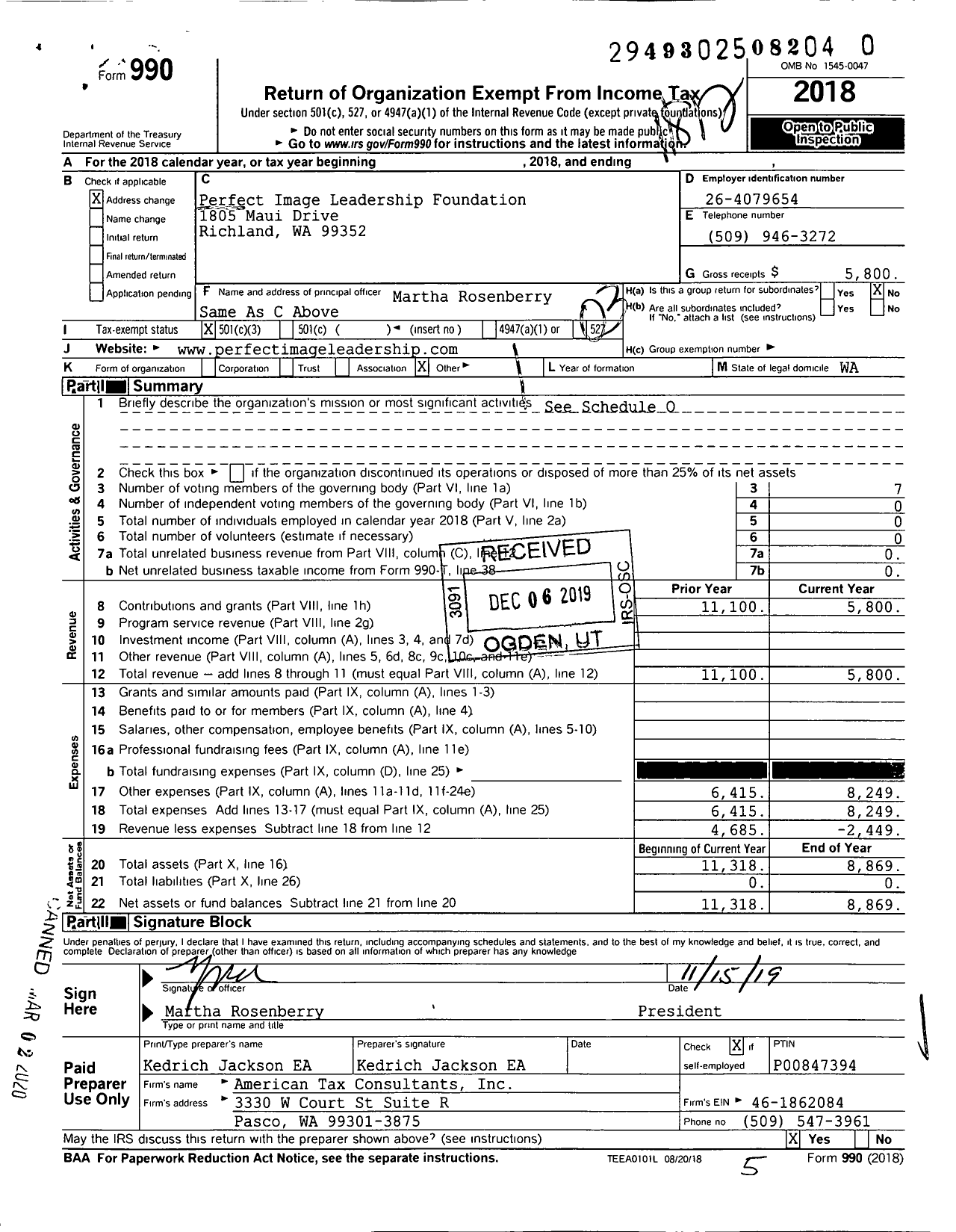 Image of first page of 2018 Form 990 for Perfect Image Leadership Foundation