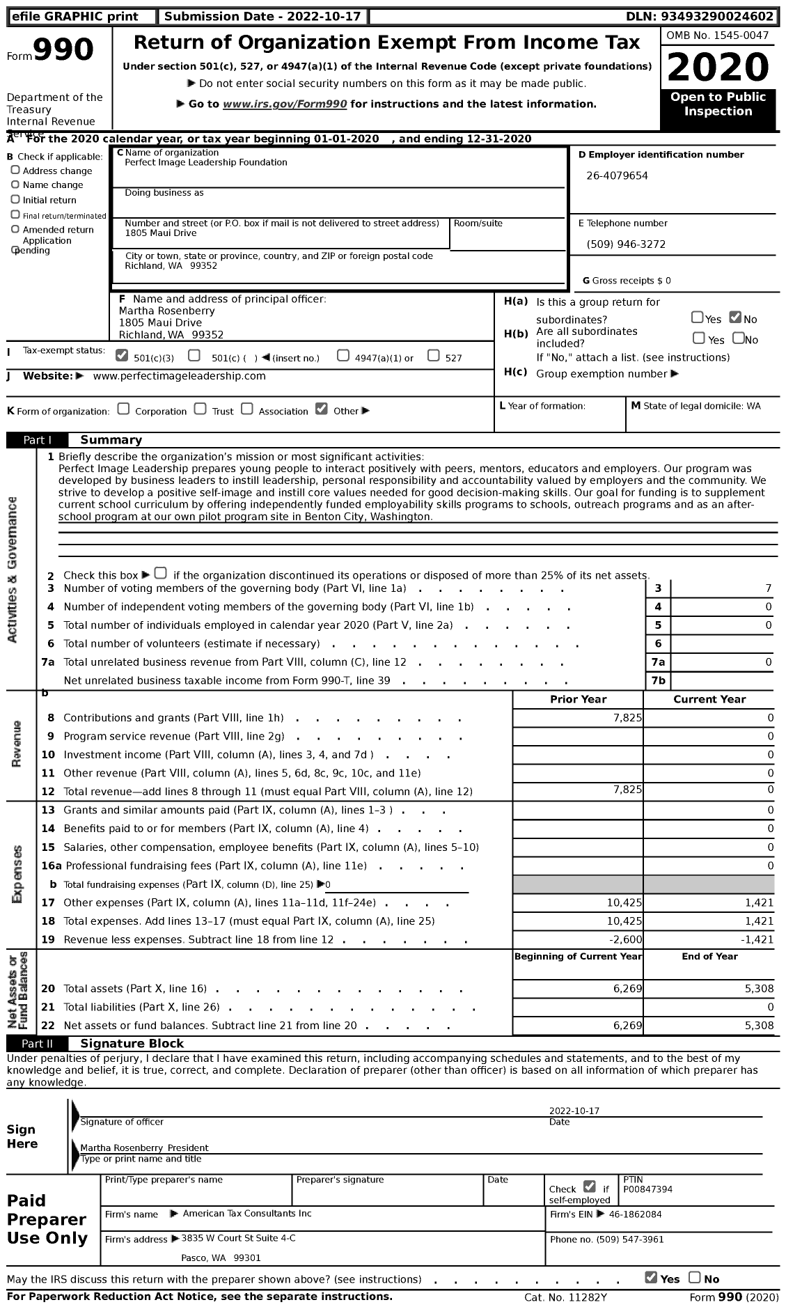 Image of first page of 2020 Form 990 for Perfect Image Leadership Foundation