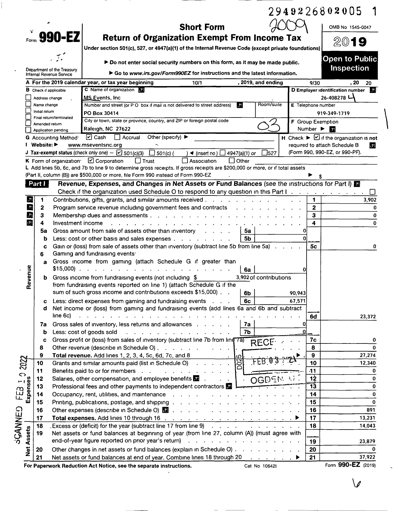 Image of first page of 2019 Form 990EZ for MS Events