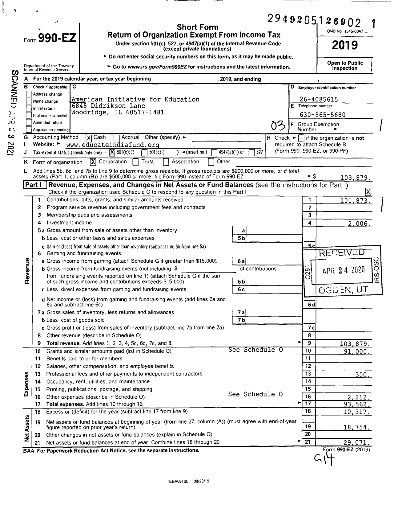 Image of first page of 2019 Form 990EZ for American Initiative for Education Initiative India