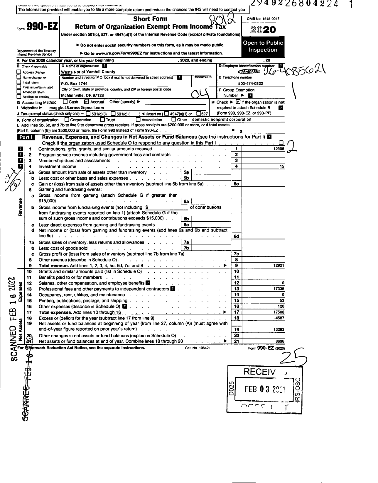 Image of first page of 2020 Form 990EO for Waste Not of Yamhill County