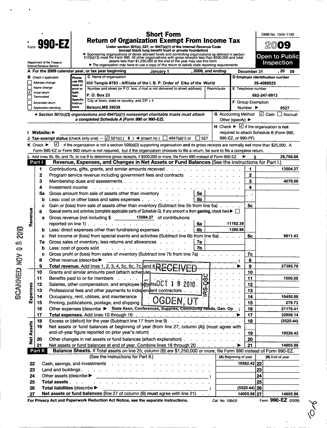 Image of first page of 2009 Form 990EO for Improved Benevolent and Protective Order of Elks of the World - 783 Hill Temple