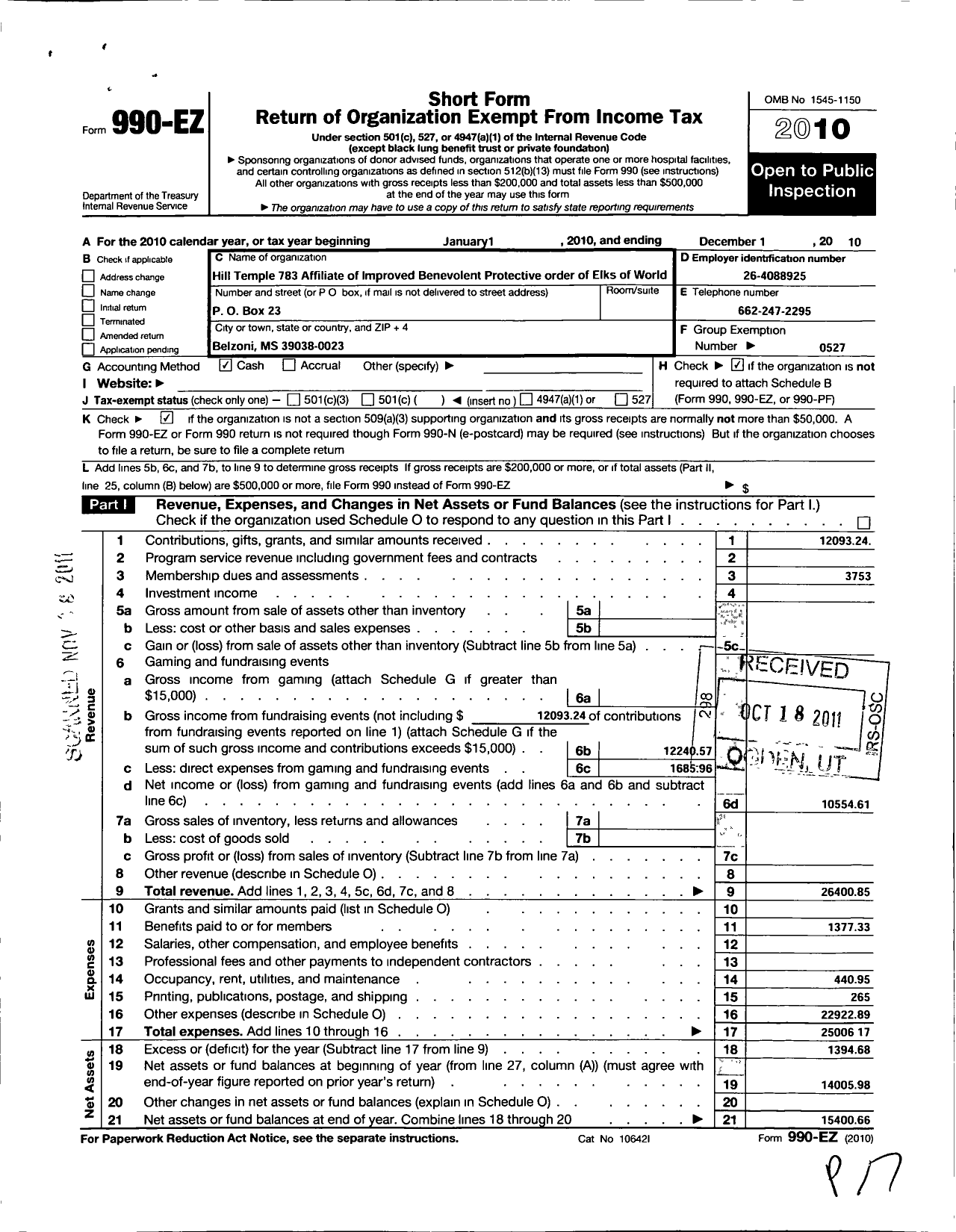 Image of first page of 2010 Form 990EO for Improved Benevolent and Protective Order of Elks of the World - 783 Hill Temple