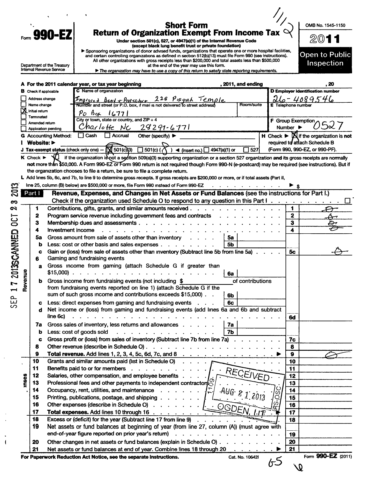 Image of first page of 2011 Form 990EO for Improved Benevolent and Protective Order of Elks of the World - 228 Pisgah Temple