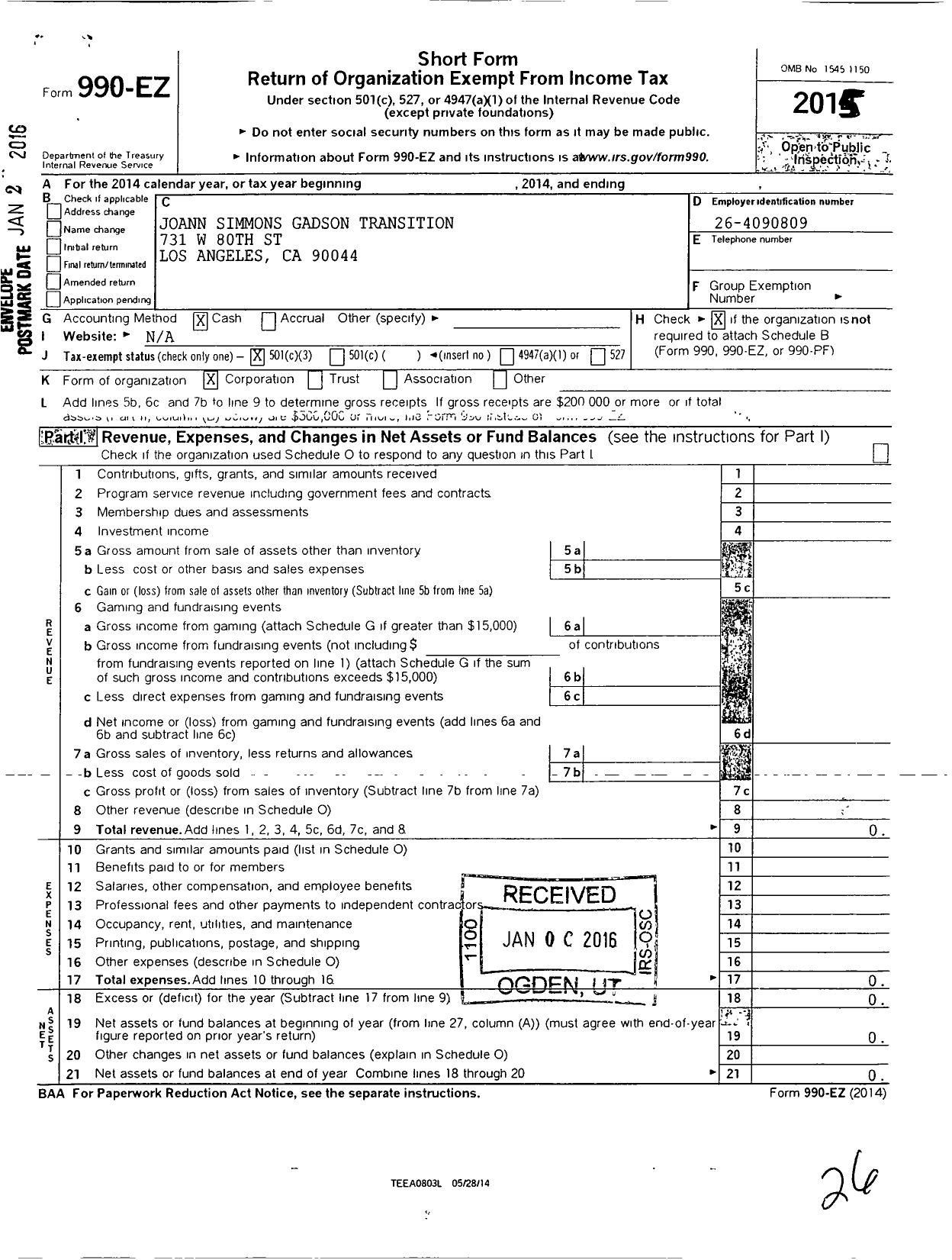 Image of first page of 2015 Form 990EZ for Joann Simmons Gadson Transition