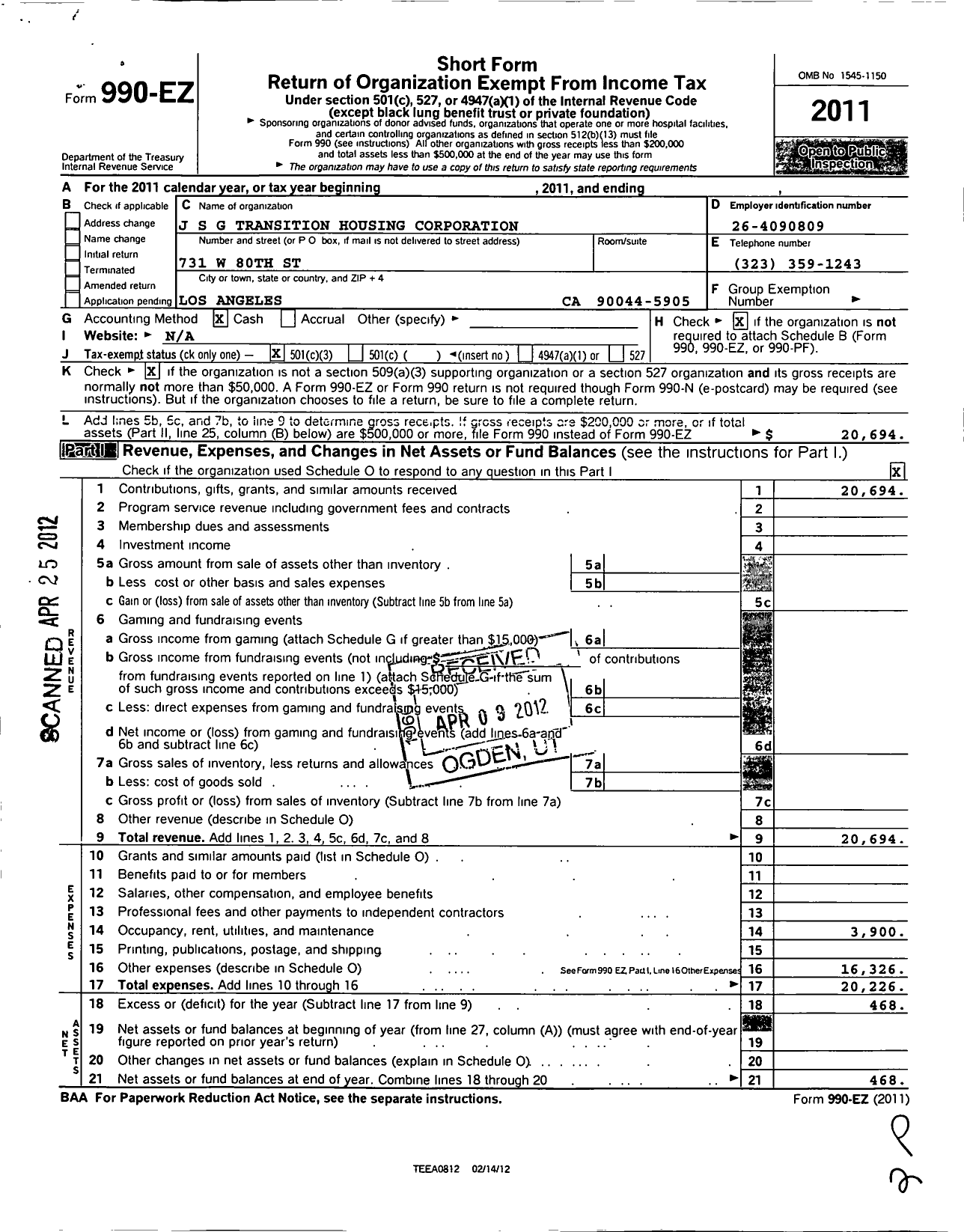 Image of first page of 2011 Form 990EZ for Joann Simmons Gadson Transition