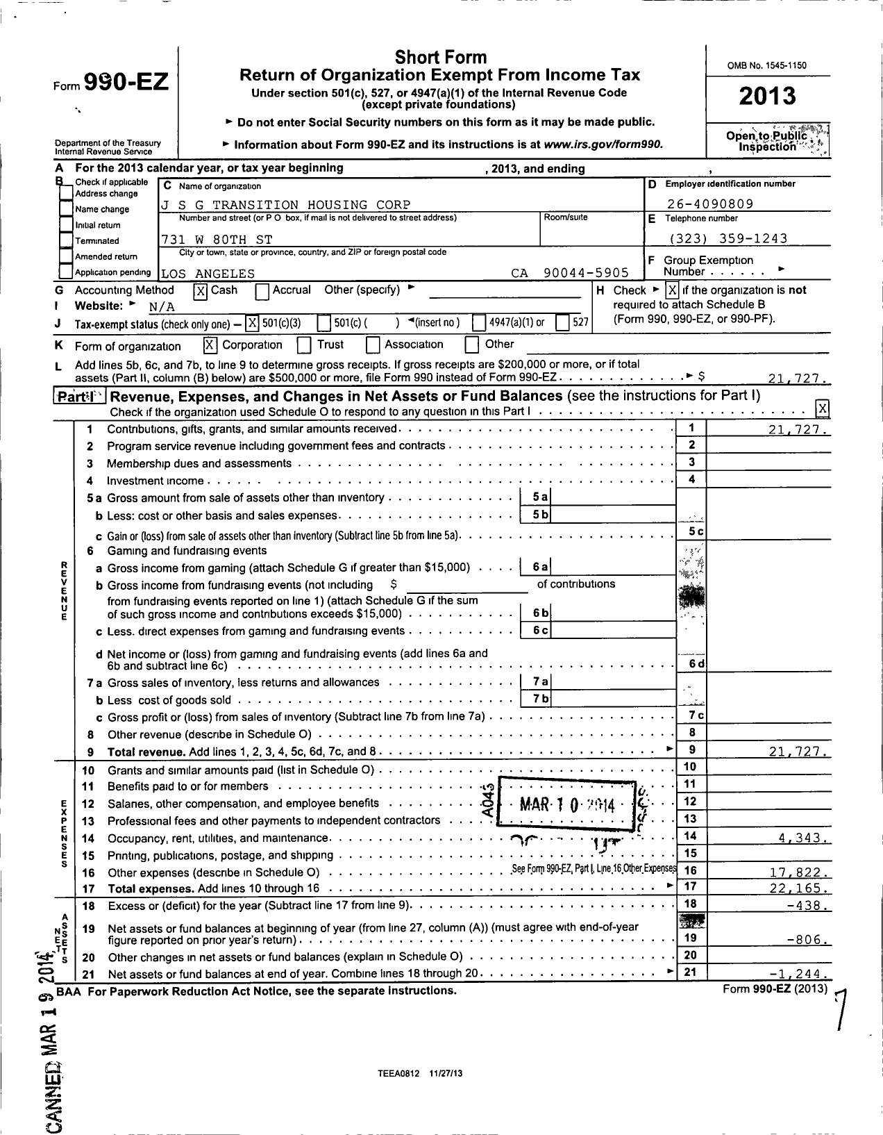 Image of first page of 2013 Form 990EZ for Joann Simmons Gadson Transition