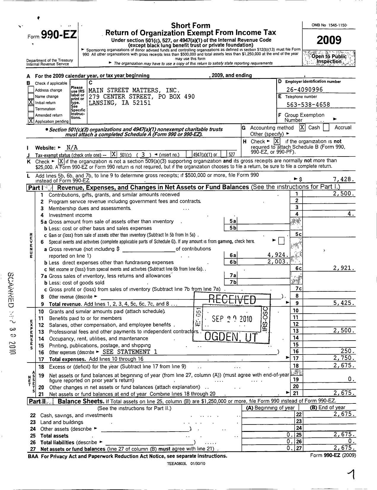 Image of first page of 2009 Form 990EZ for Main Street Matters