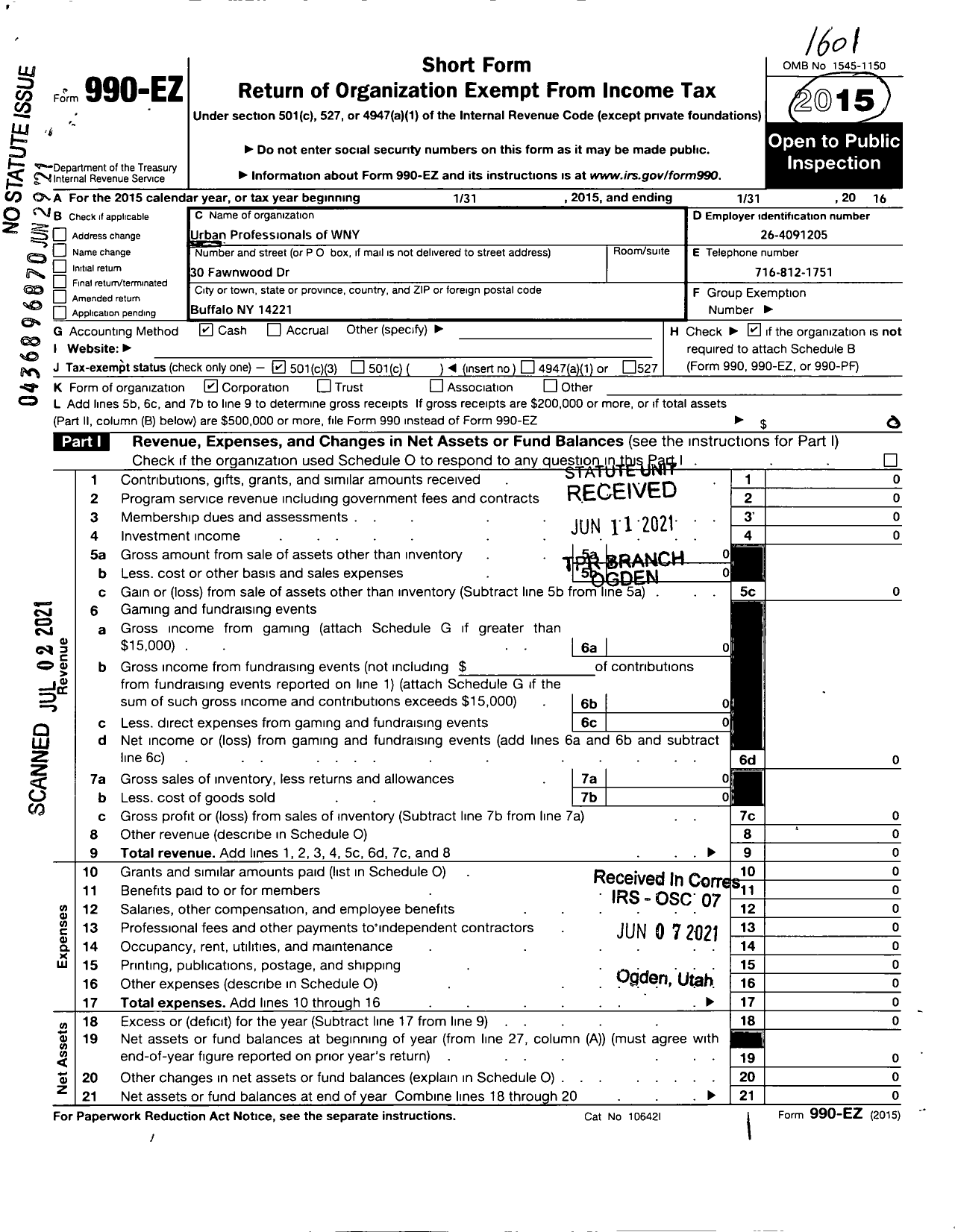 Image of first page of 2015 Form 990EA for Urban Professionals of Western New York