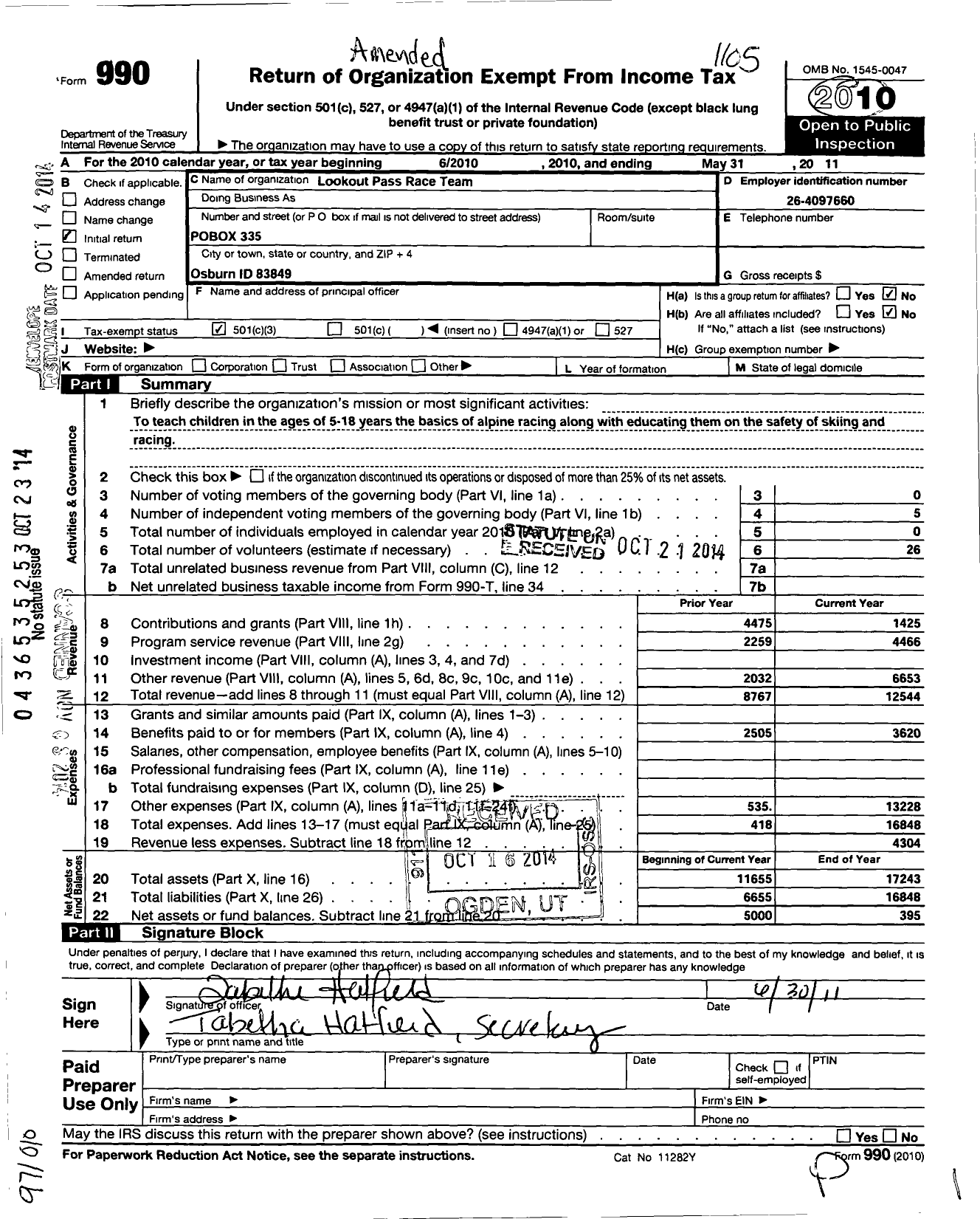 Image of first page of 2010 Form 990 for Lookout Pass Race Team