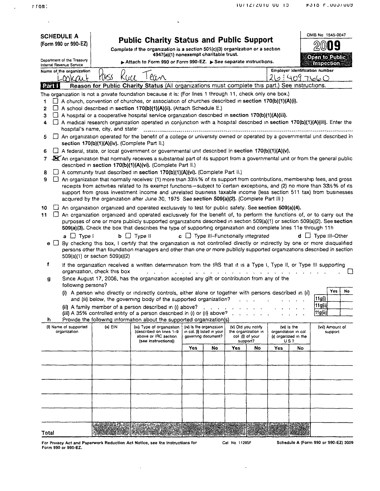 Image of first page of 2009 Form 990R for Lookout Pass Race Team
