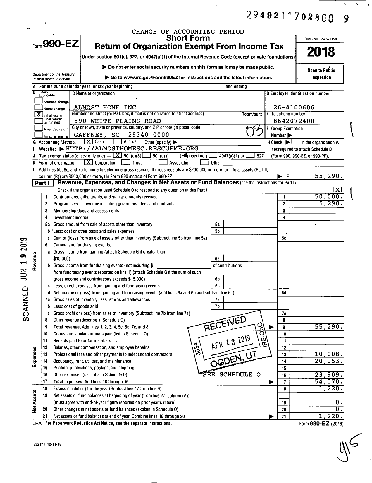 Image of first page of 2018 Form 990EZ for Almost Home