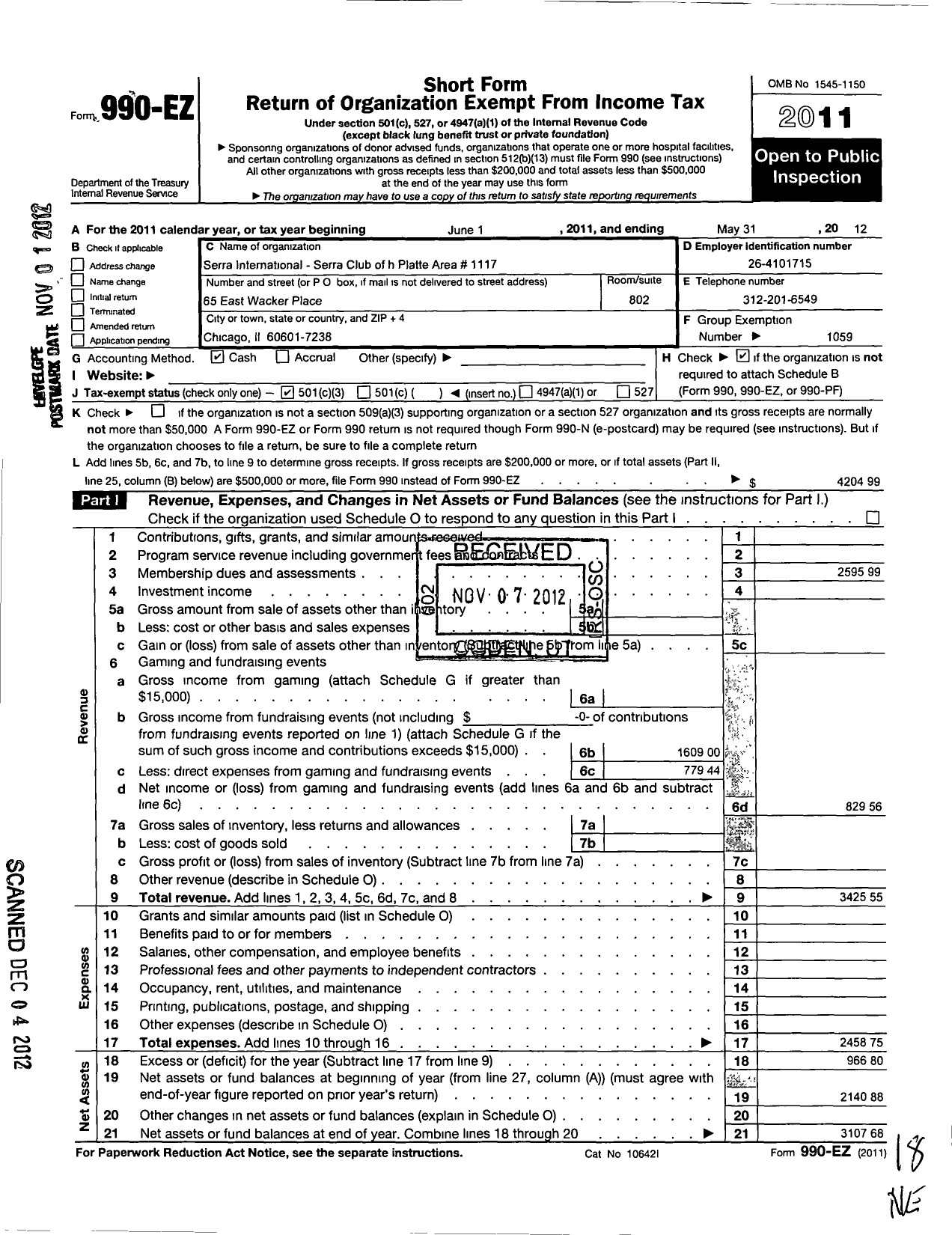 Image of first page of 2011 Form 990EZ for Serra International - 1117 North Platte Area