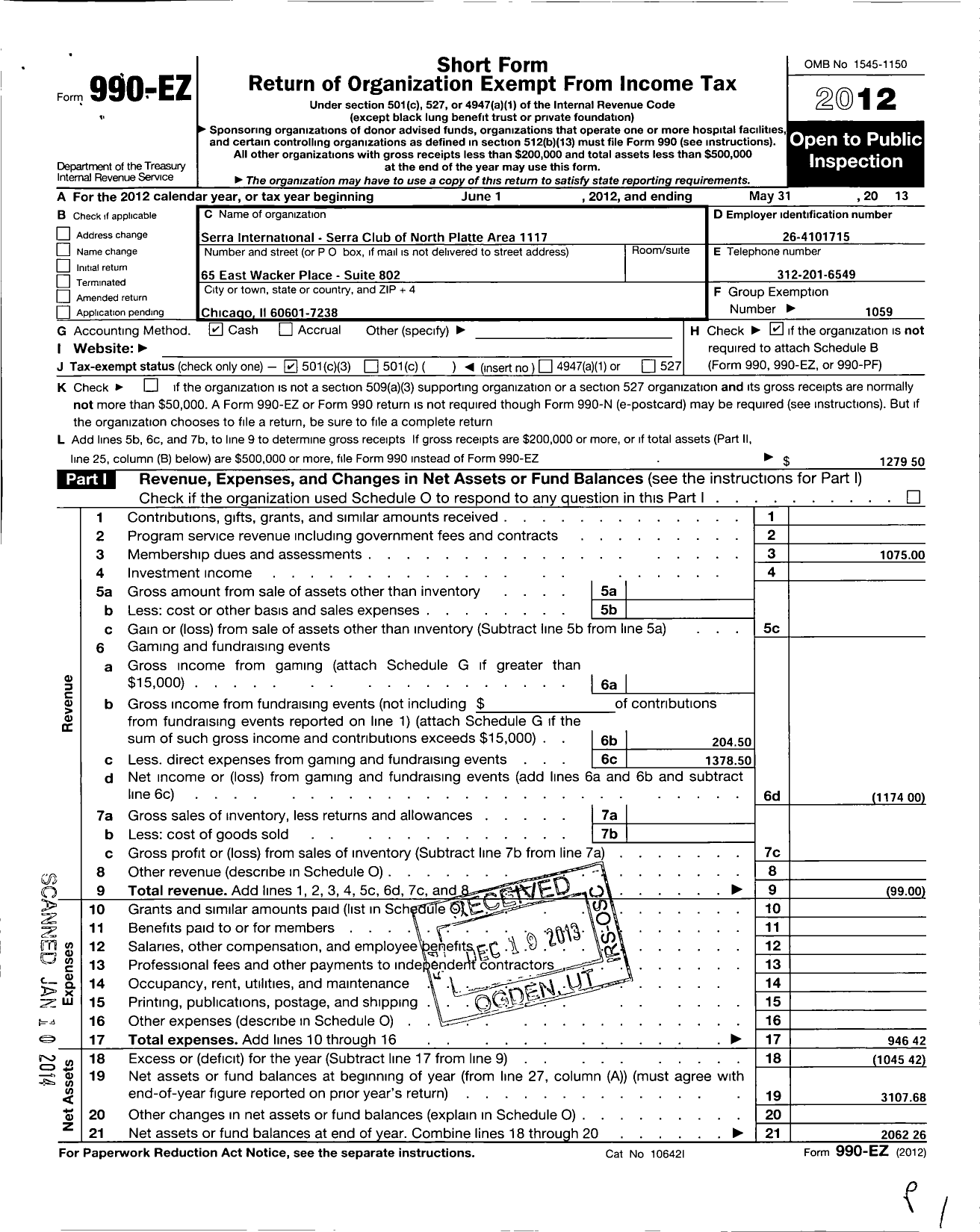 Image of first page of 2012 Form 990EZ for Serra International - 1117 North Platte Area