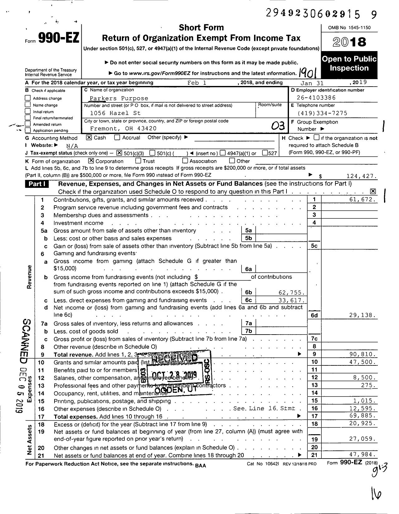 Image of first page of 2018 Form 990EZ for Parkers Purpose