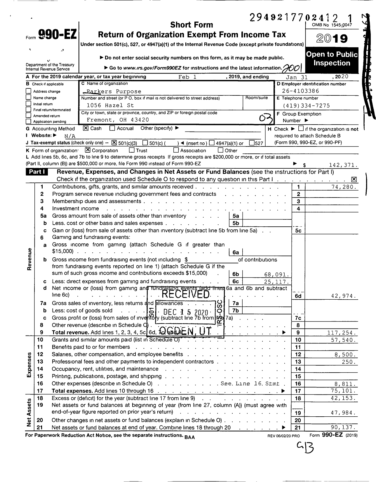 Image of first page of 2019 Form 990EZ for Parkers Purpose