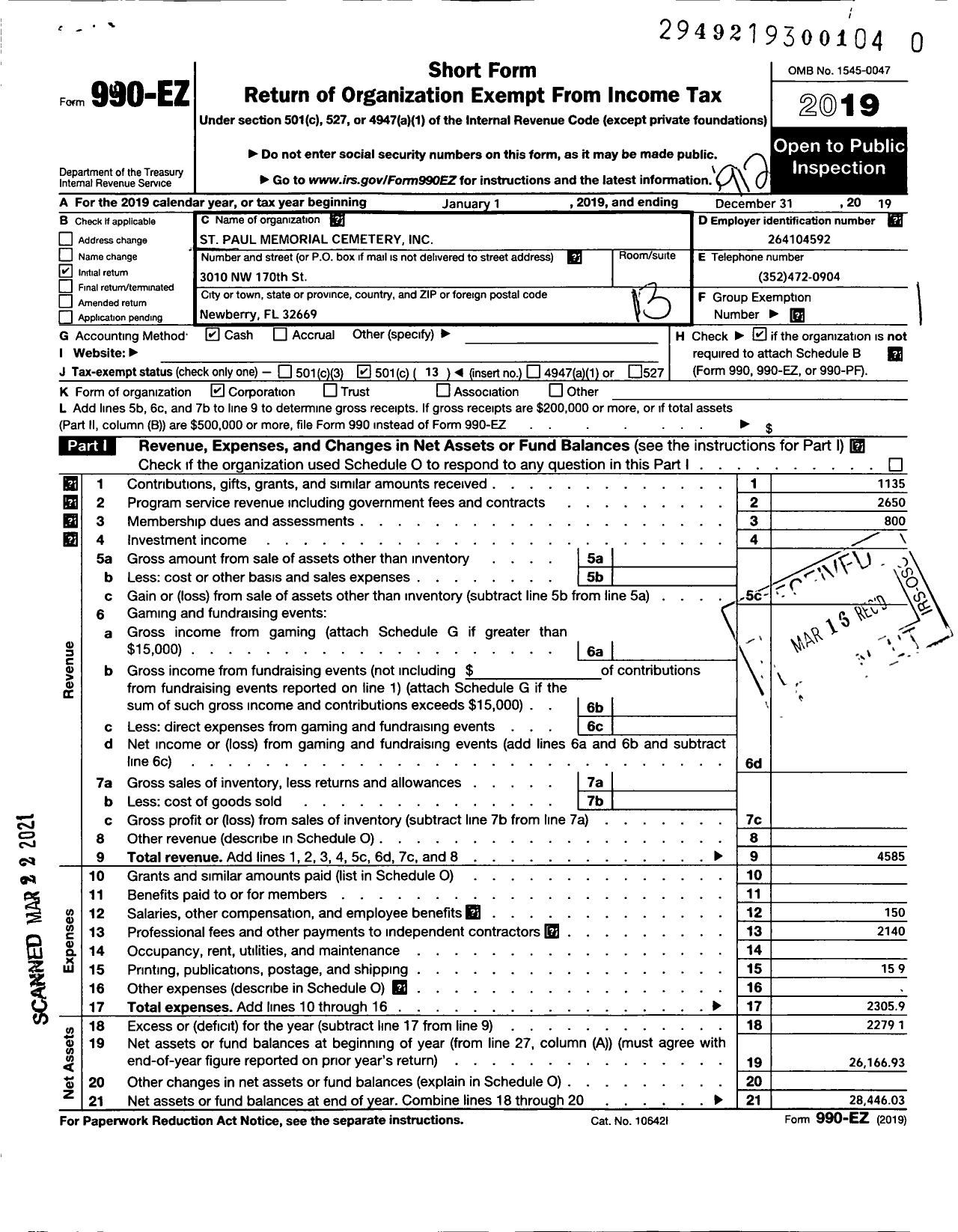 Image of first page of 2019 Form 990EO for St Paul Memorial Cemetery Incorporated