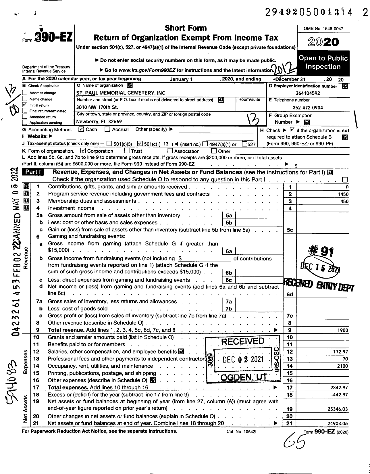 Image of first page of 2020 Form 990EO for St Paul Memorial Cemetery Incorporated