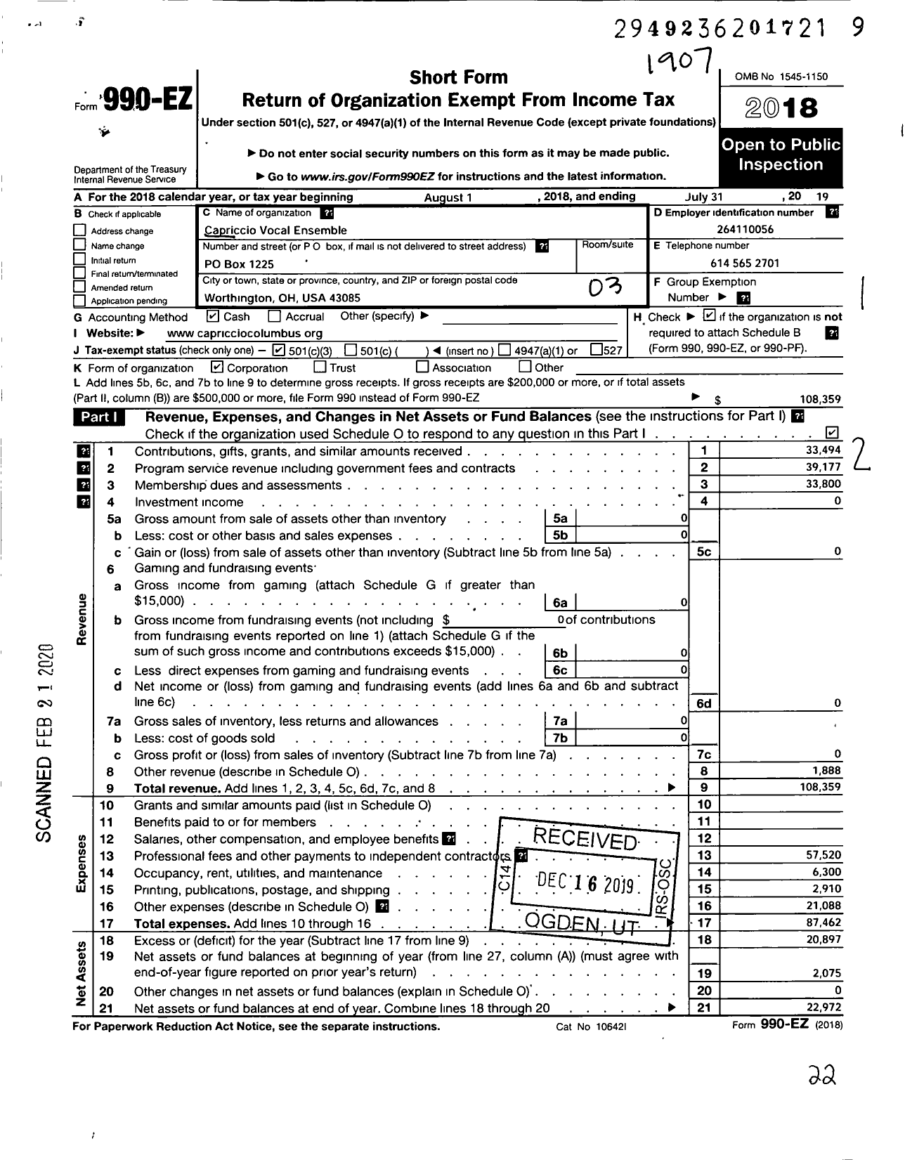 Image of first page of 2018 Form 990EZ for Capriccio Vocal Ensemble