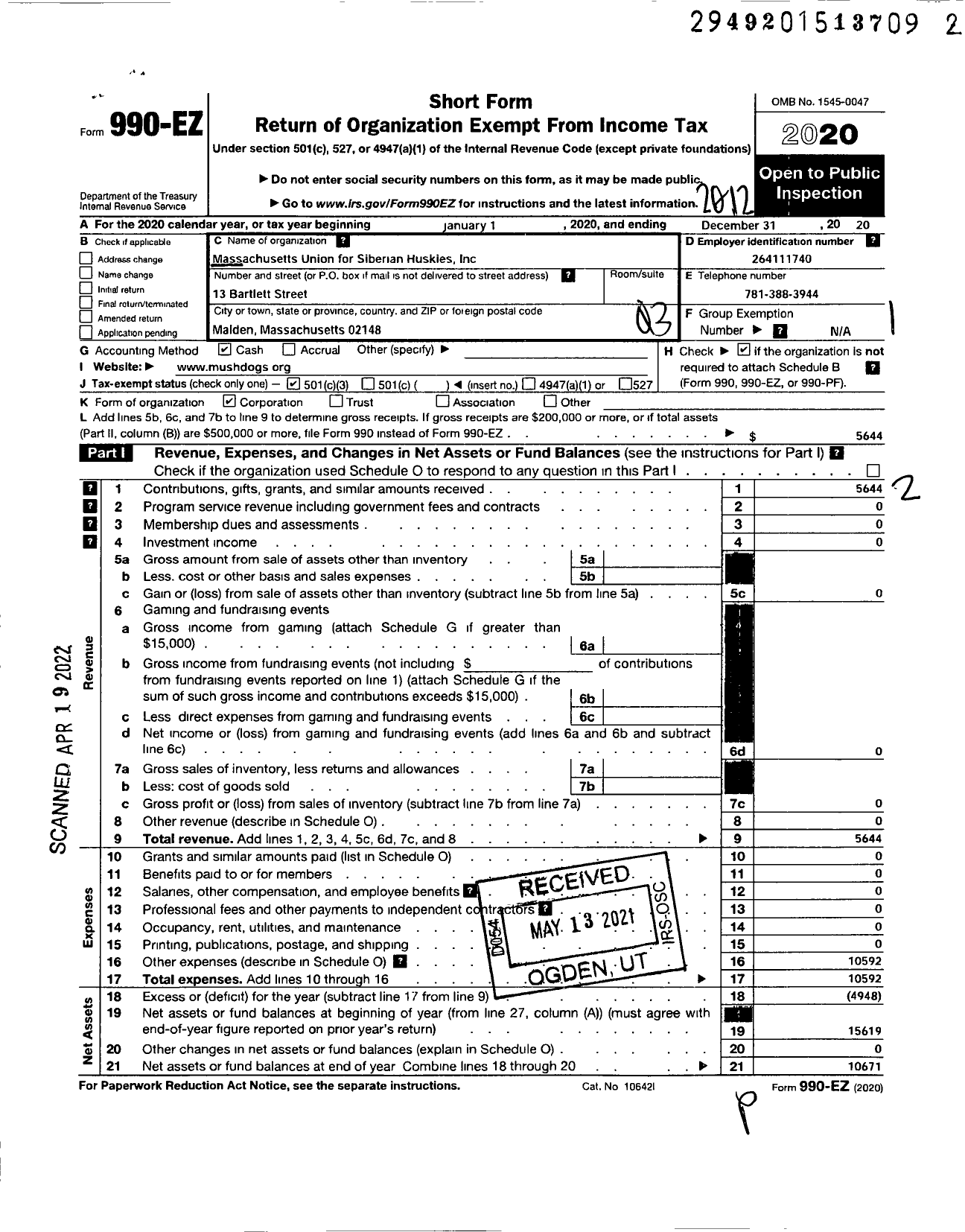 Image of first page of 2020 Form 990EZ for Massachusetts Union for Siberian Huskies