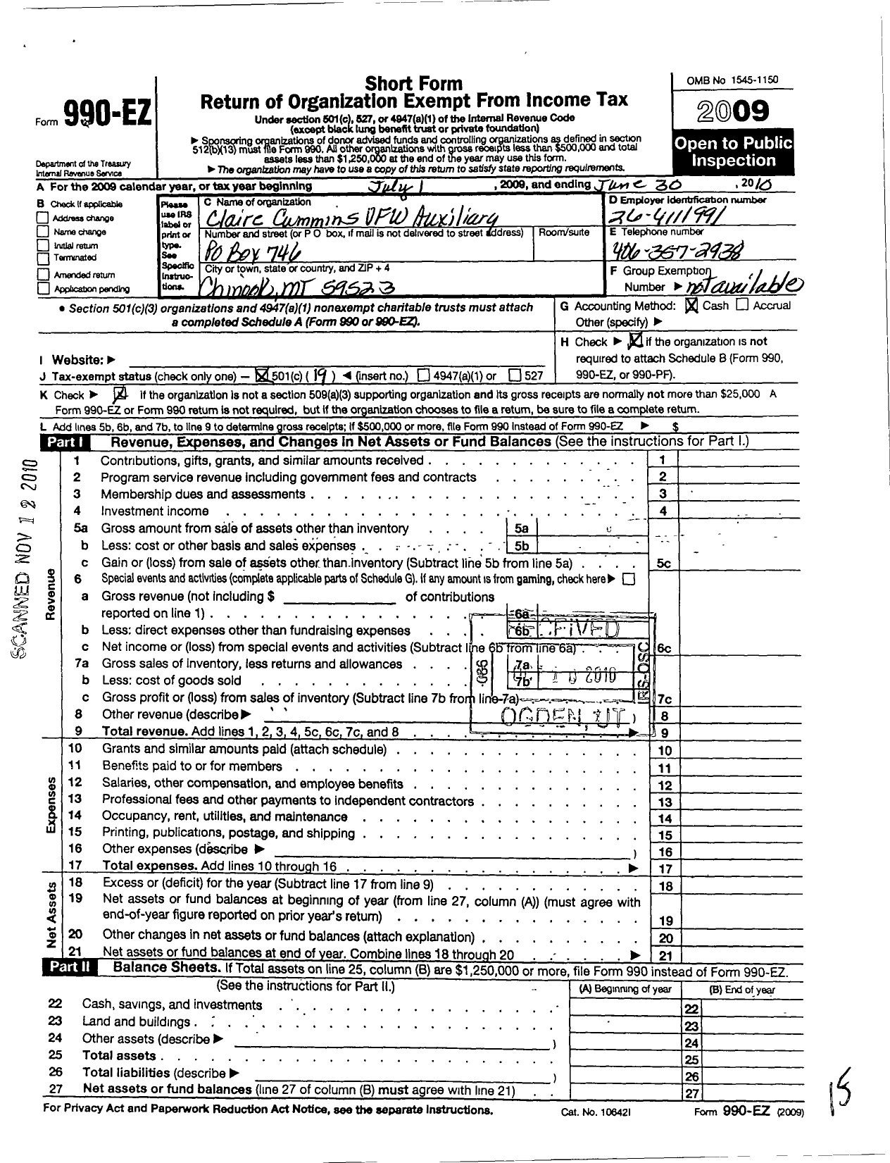 Image of first page of 2009 Form 990EO for Department of Montana Ladies Auxiliary To the VFW of the U S - 4620 Claire Cummins Ladies Auxiliary