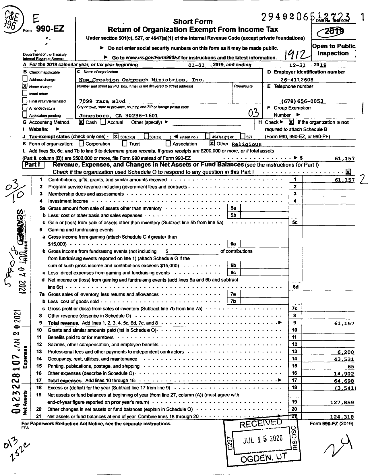 Image of first page of 2019 Form 990EZ for New Creation Outreach Ministries