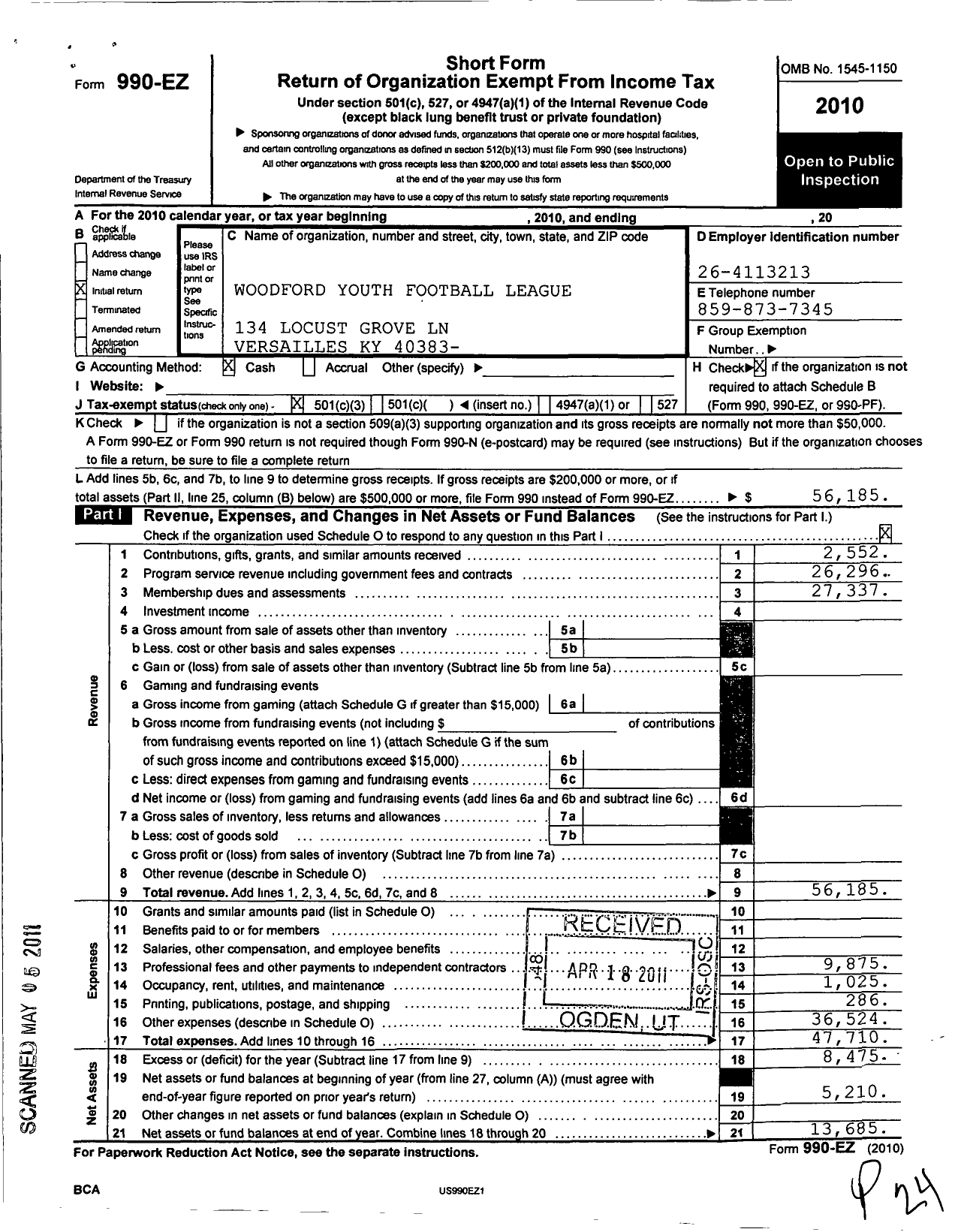Image of first page of 2010 Form 990EZ for Woodford Youth Football League
