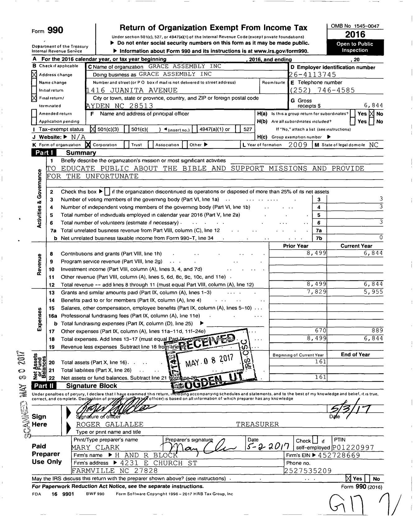 Image of first page of 2016 Form 990 for Grace Assembly