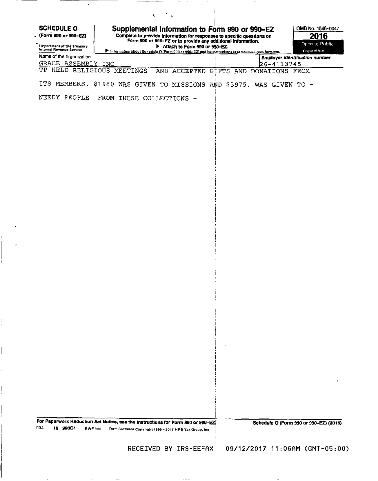 Image of first page of 2016 Form 990R for Grace Assembly