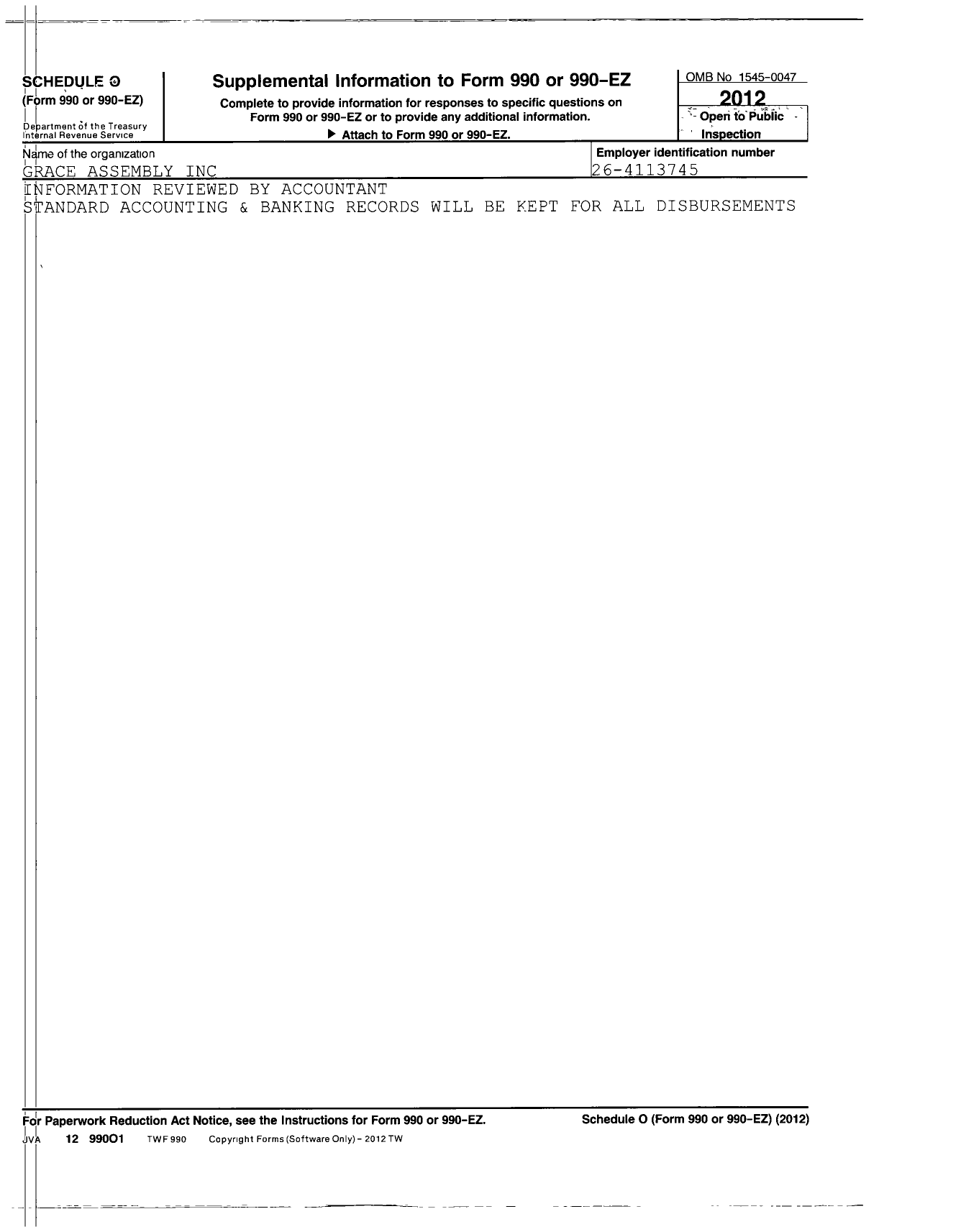 Image of first page of 2012 Form 990R for Grace Assembly