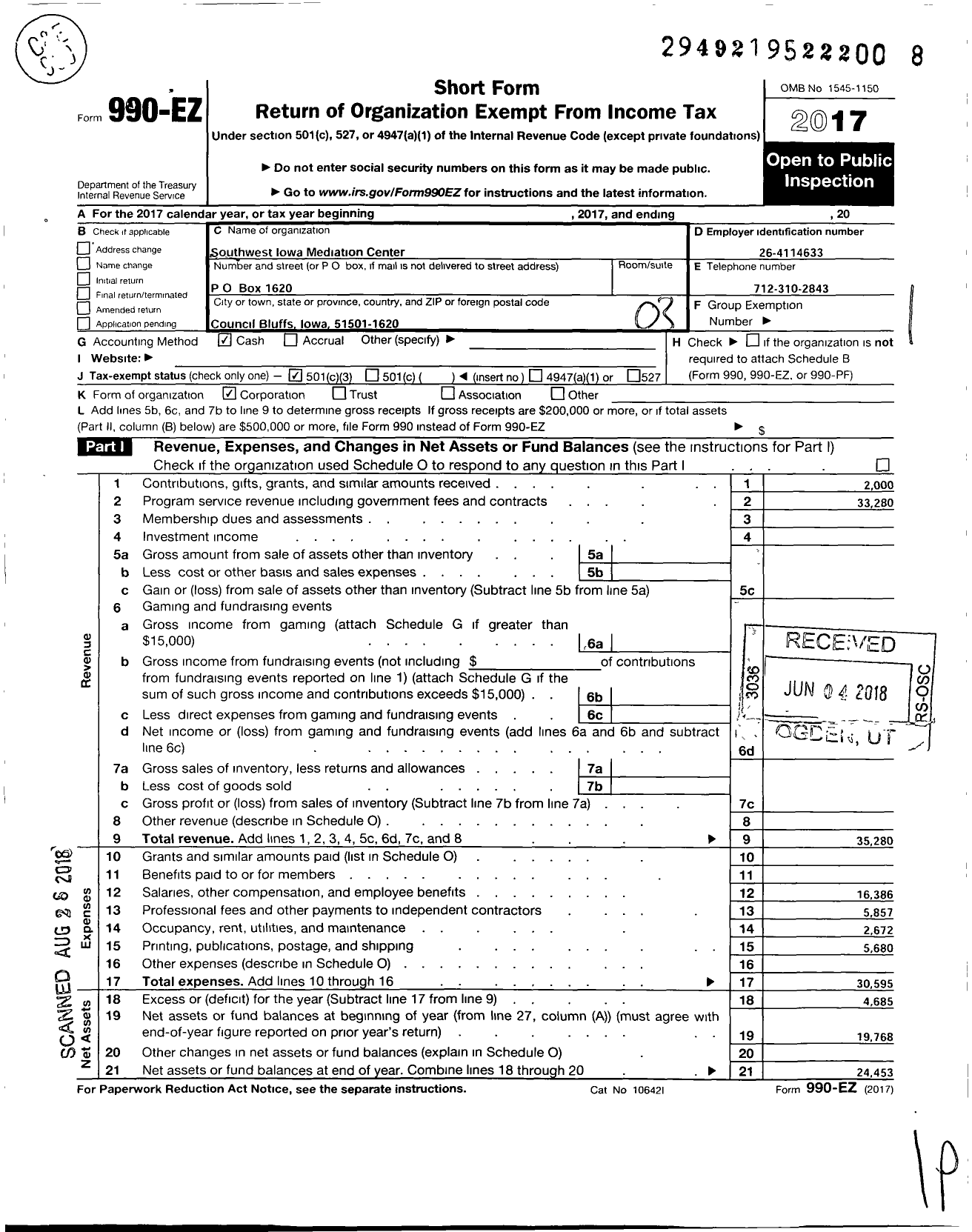 Image of first page of 2017 Form 990EZ for Southwest Iowa Mediation Center