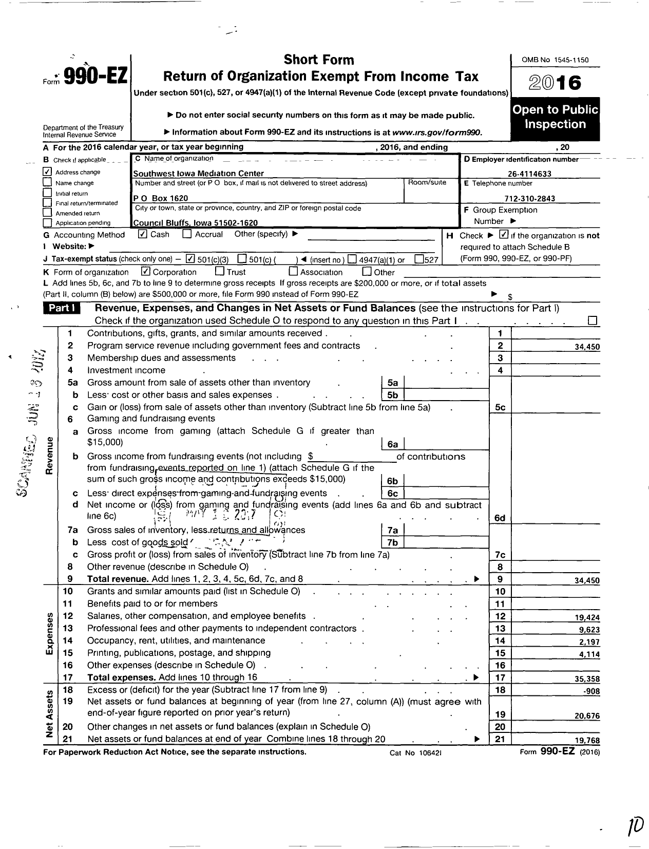 Image of first page of 2016 Form 990EZ for Southwest Iowa Mediation Center