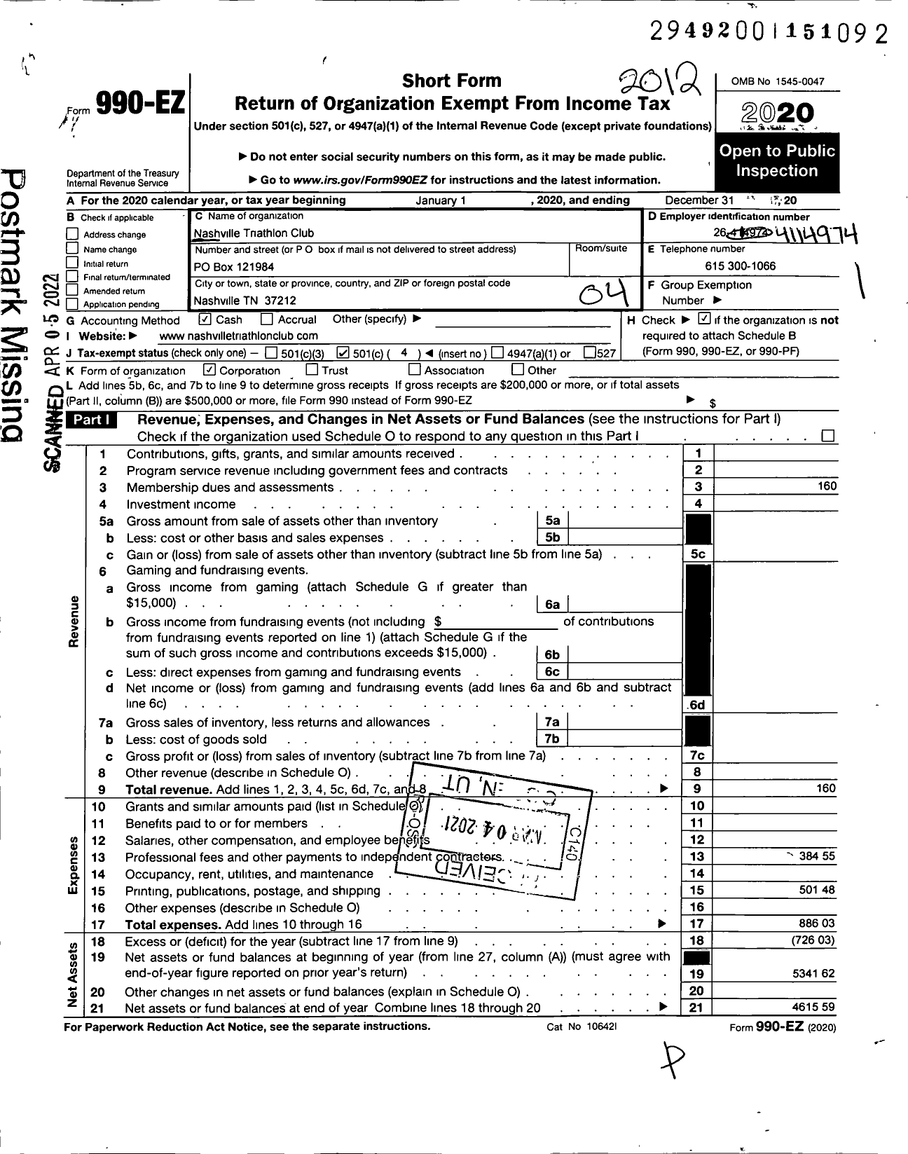 Image of first page of 2020 Form 990EO for Nashville Triathlon Club