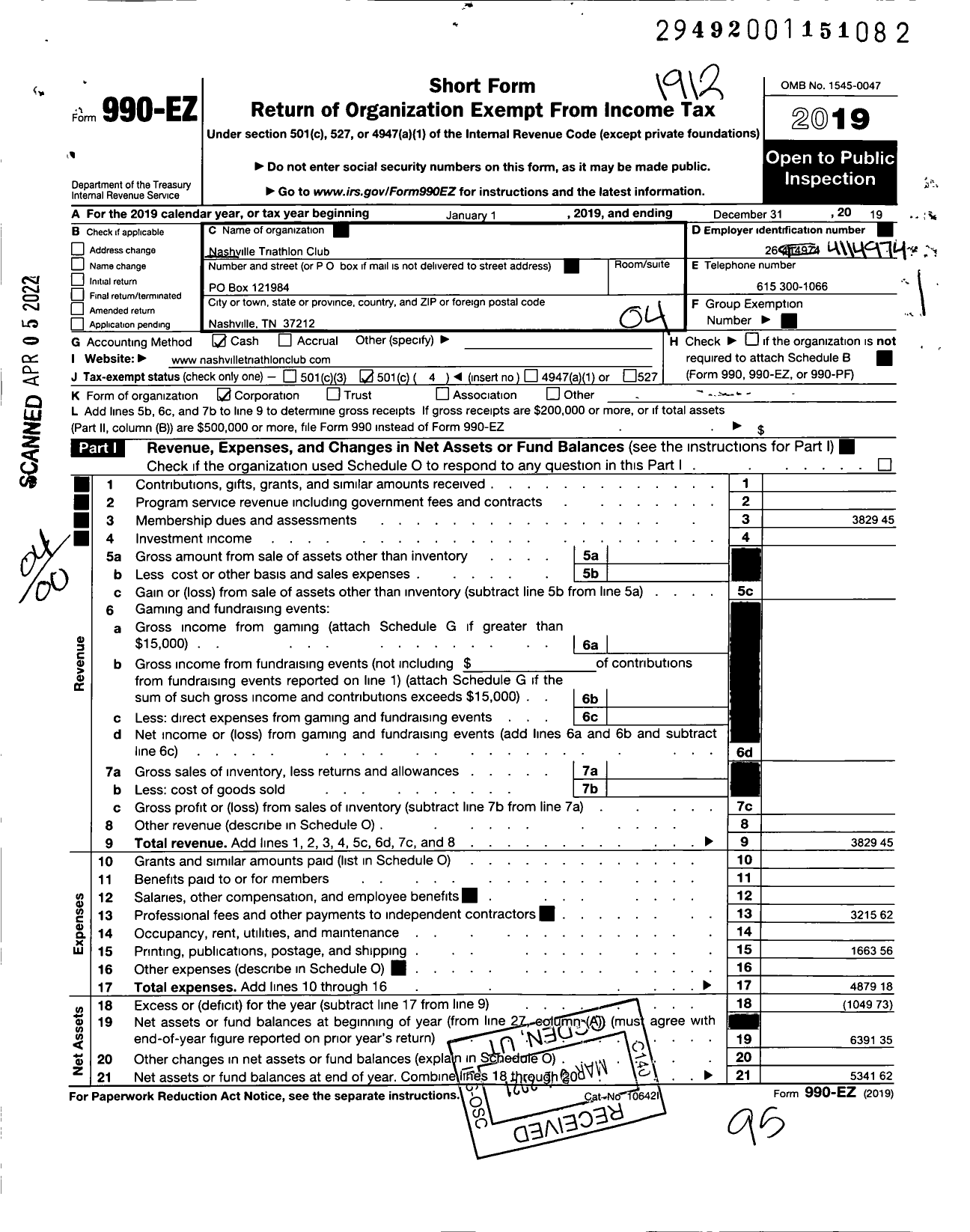 Image of first page of 2019 Form 990EO for Nashville Triathlon Club