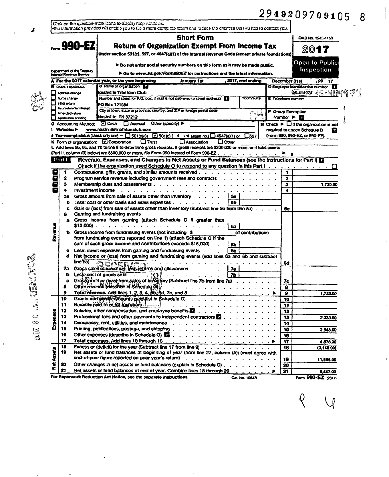 Image of first page of 2017 Form 990EO for Nashville Triathlon Club