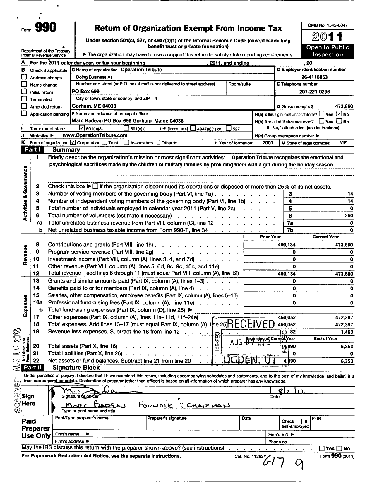 Image of first page of 2011 Form 990 for Operation Tribute