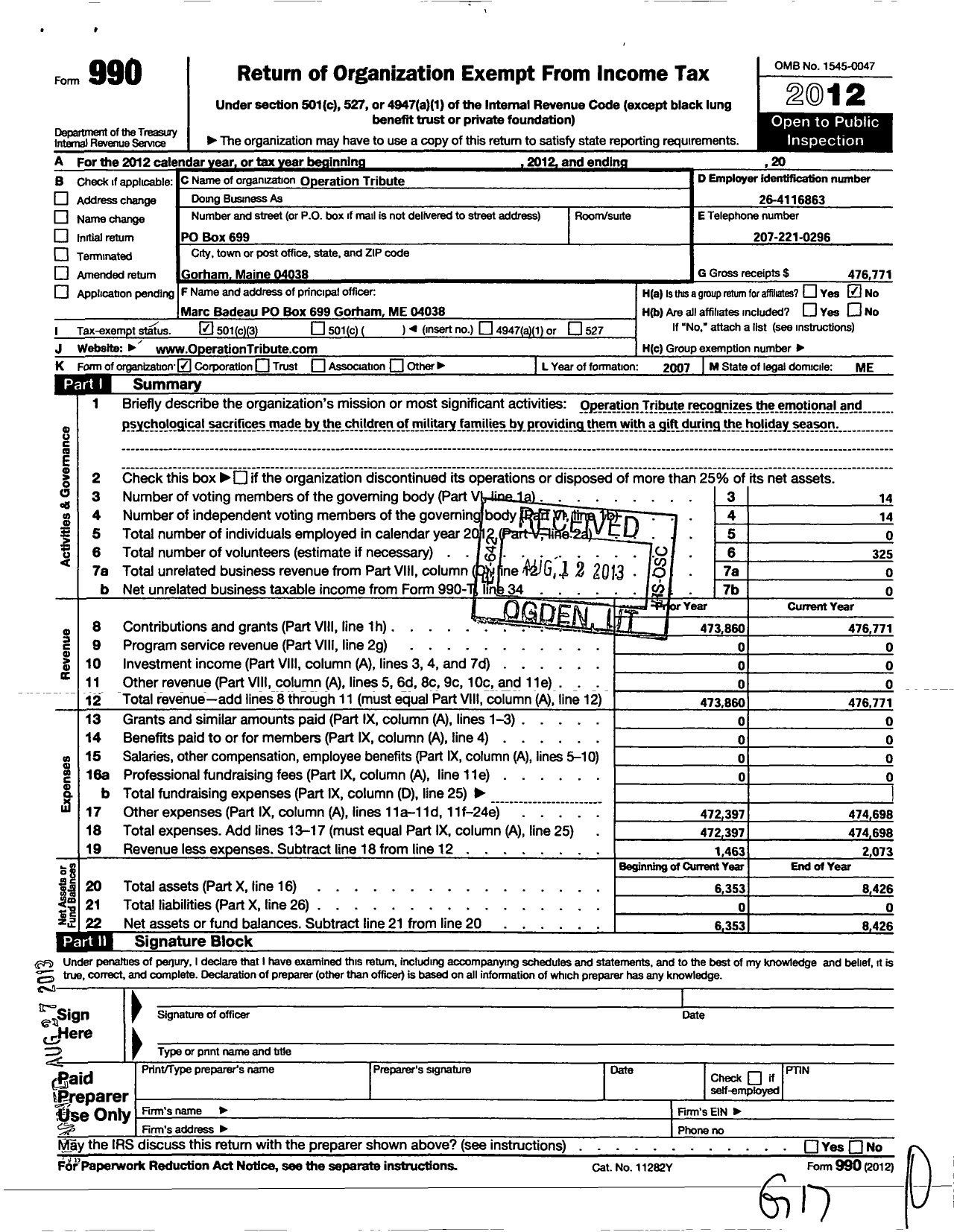 Image of first page of 2012 Form 990 for Operation Tribute