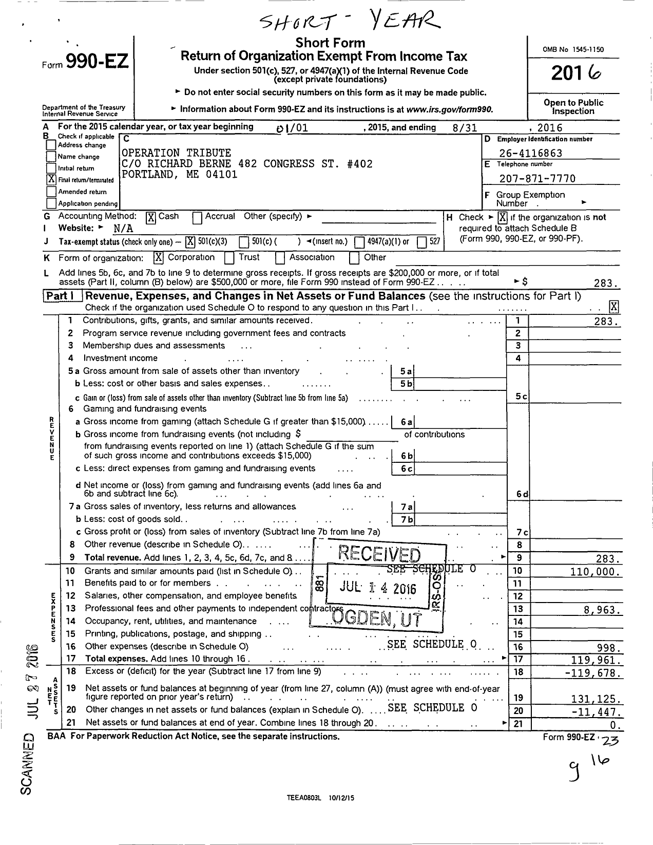 Image of first page of 2015 Form 990EZ for Operation Tribute