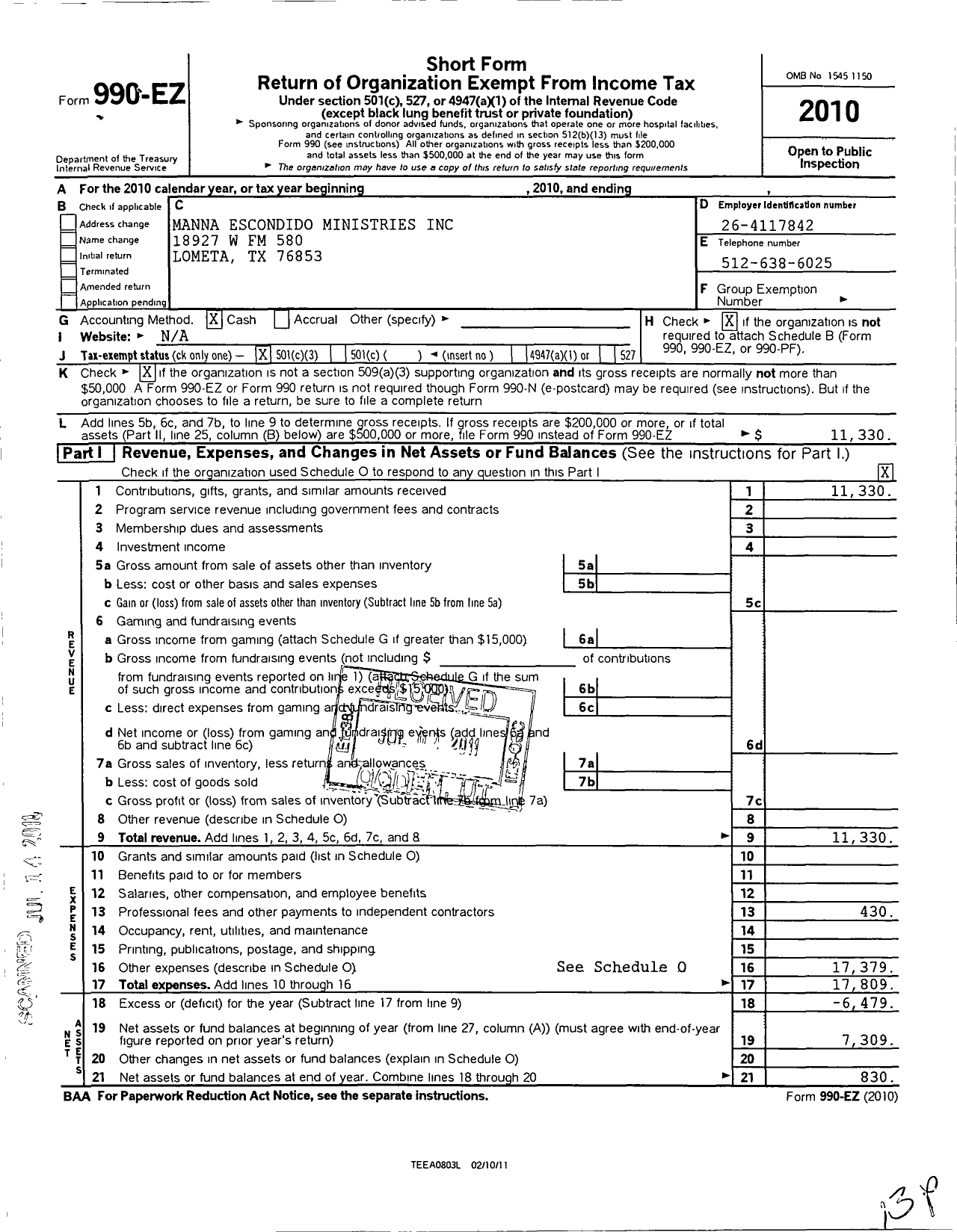 Image of first page of 2010 Form 990EZ for Clearview Family Resources