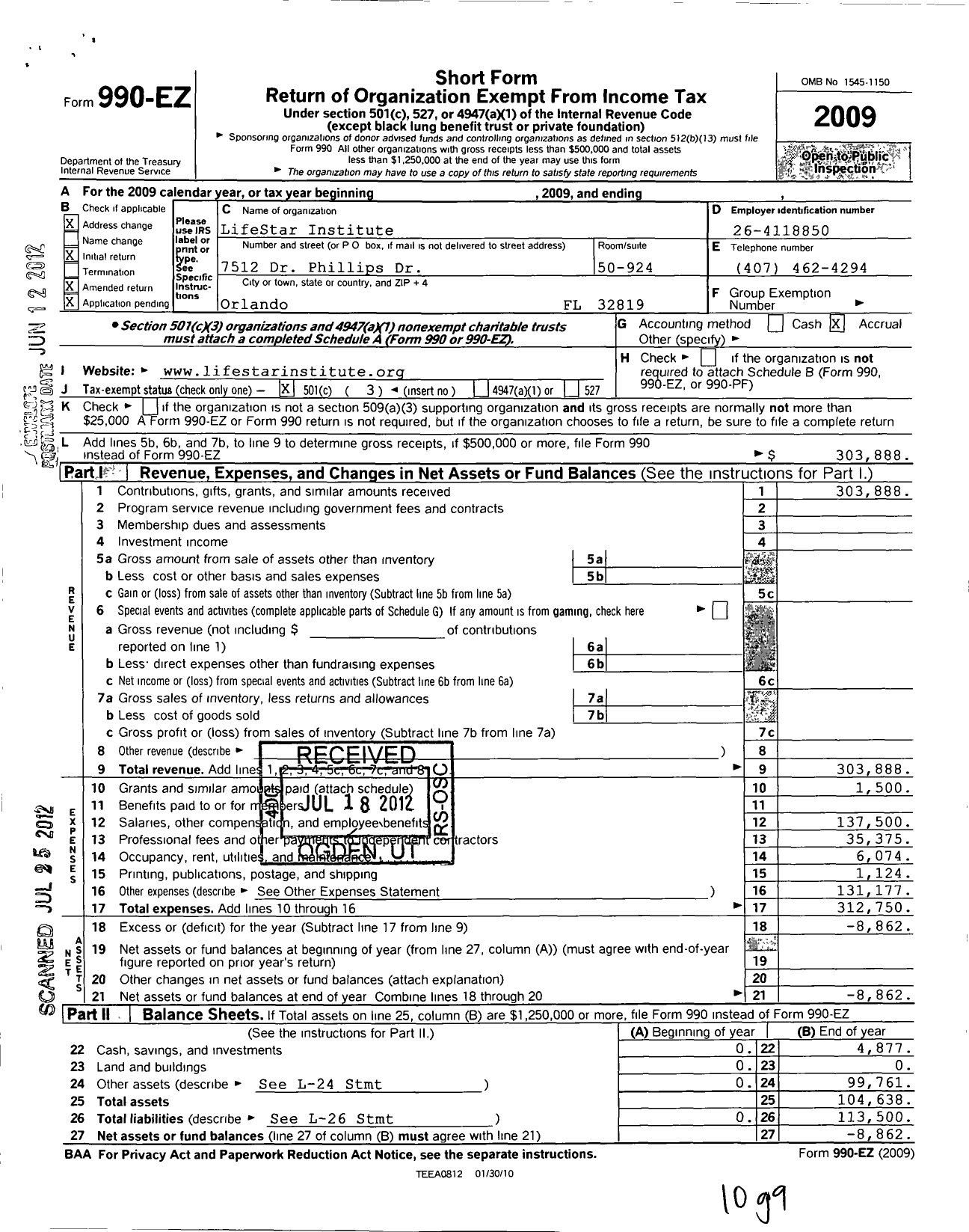 Image of first page of 2009 Form 990EZ for Lifestar Institute