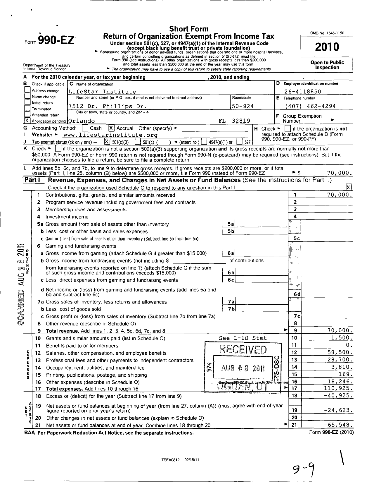 Image of first page of 2010 Form 990EZ for Lifestar Institute