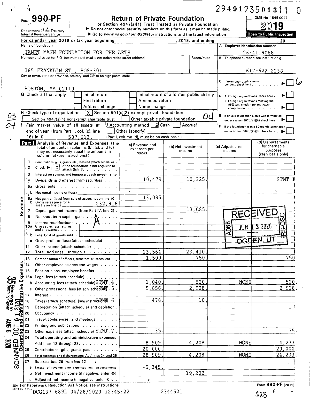 Image of first page of 2019 Form 990PR for Janet Mann Foundation for the Arts