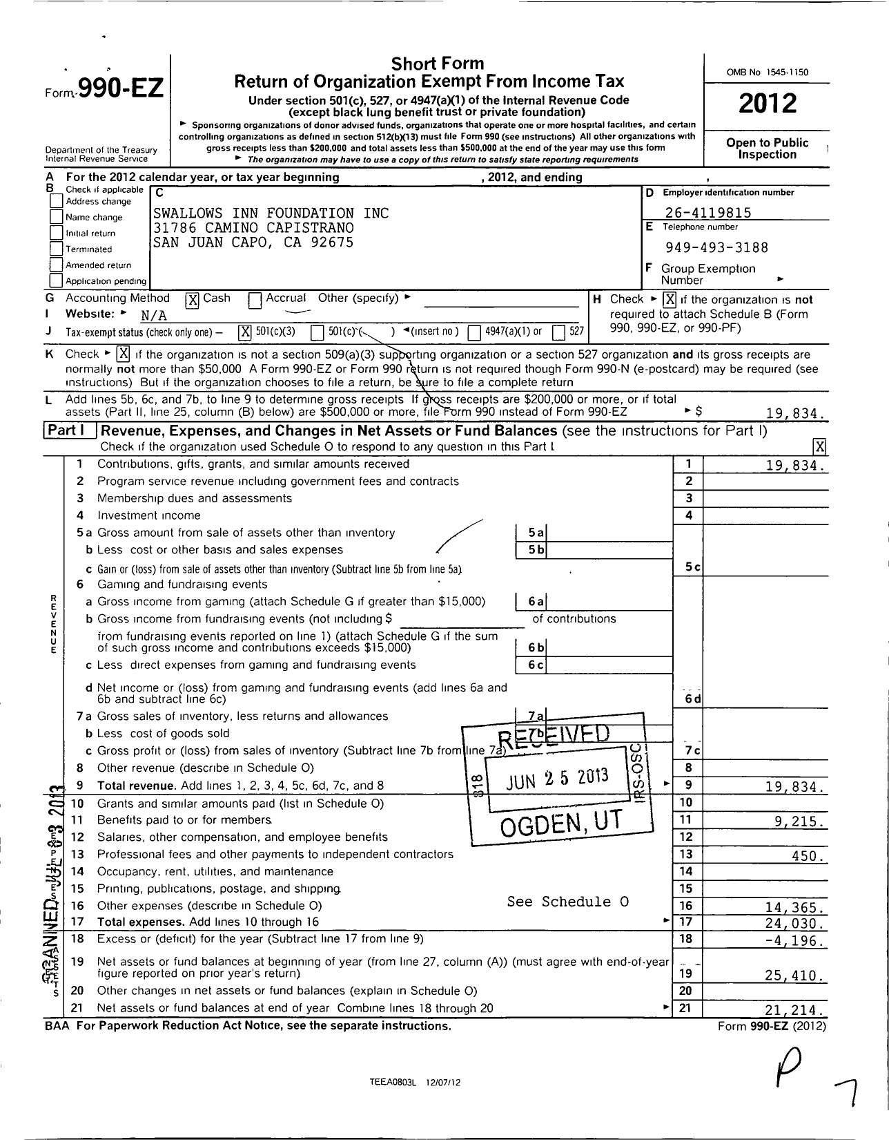 Image of first page of 2012 Form 990EZ for Swallows Inn Foundation