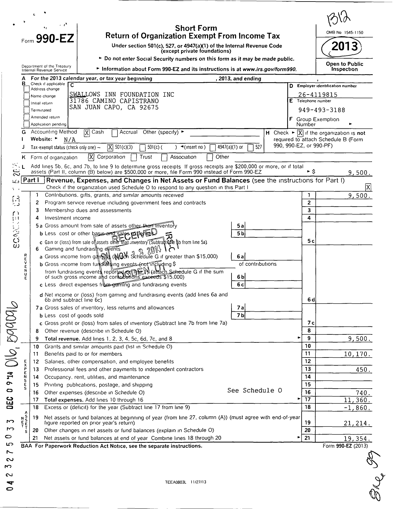 Image of first page of 2013 Form 990EZ for Swallows Inn Foundation